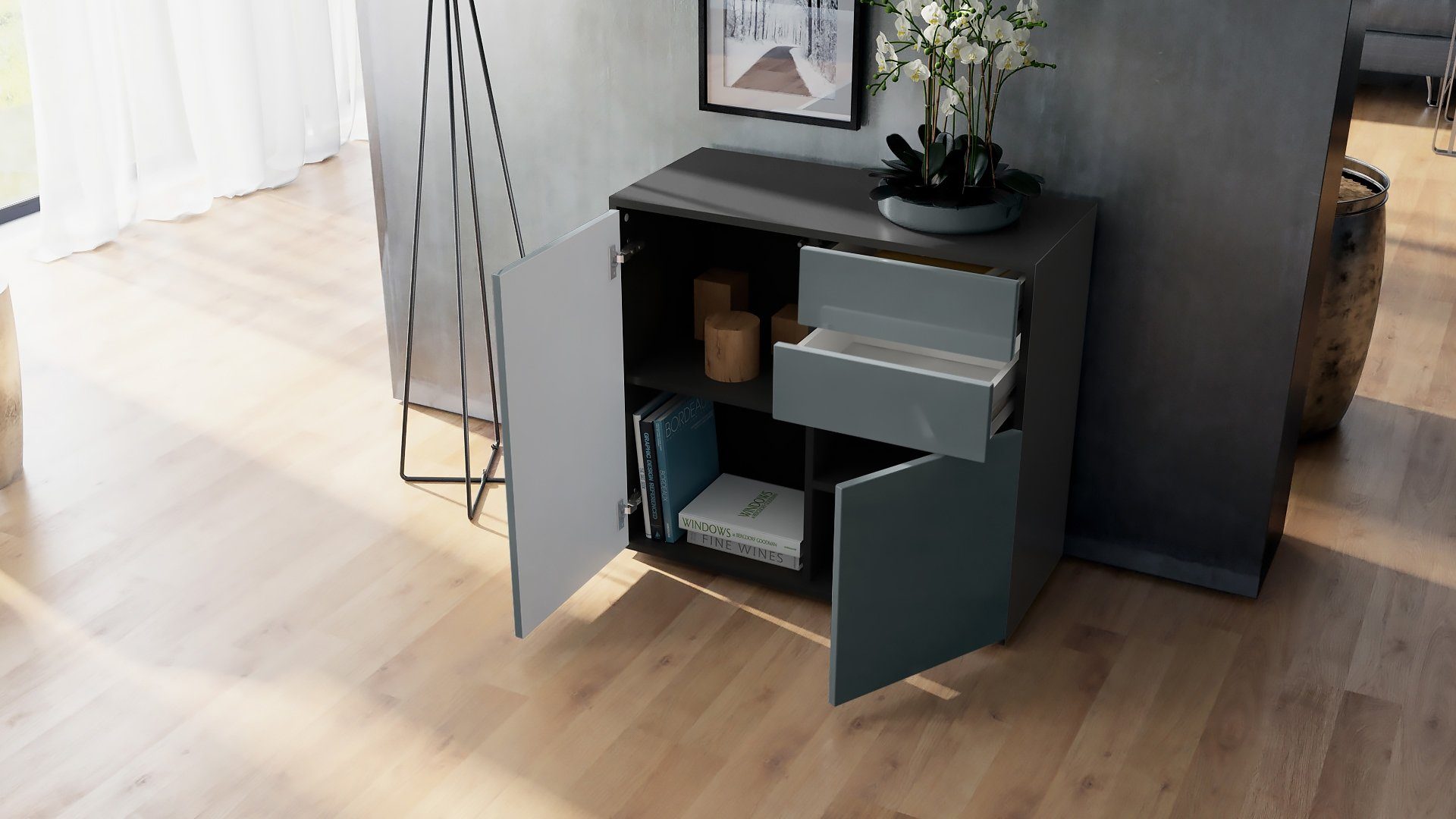 Vladon Kommode Ben (Kommode, mit 2 Türen und 2 Schubladen), Schwarz matt/Weiß matt (79 x 74 x 36 cm)