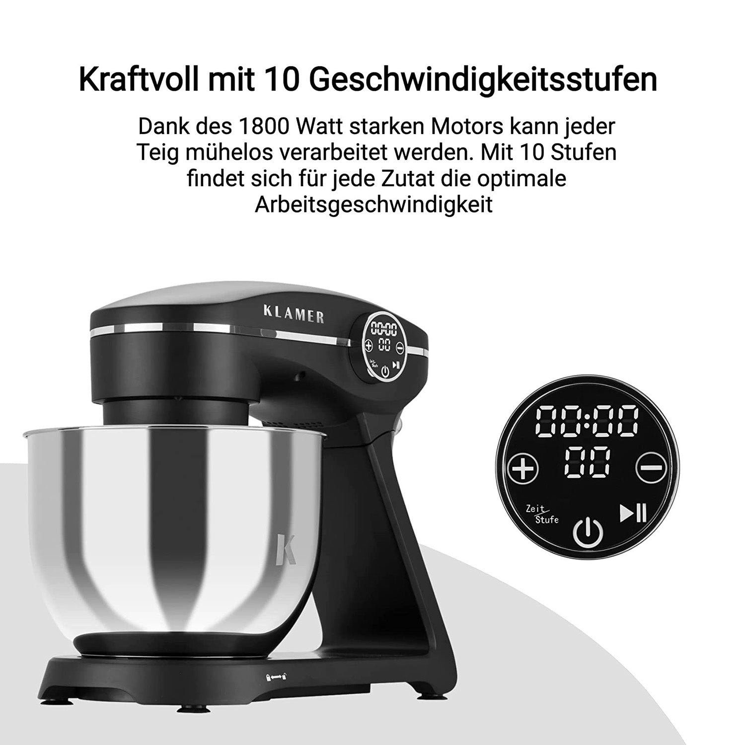 KLAMER Küchenmaschine KLAMER Küchenmaschine 1800W, Knetmaschine mit 6 Liter Edelstahl Schüs…