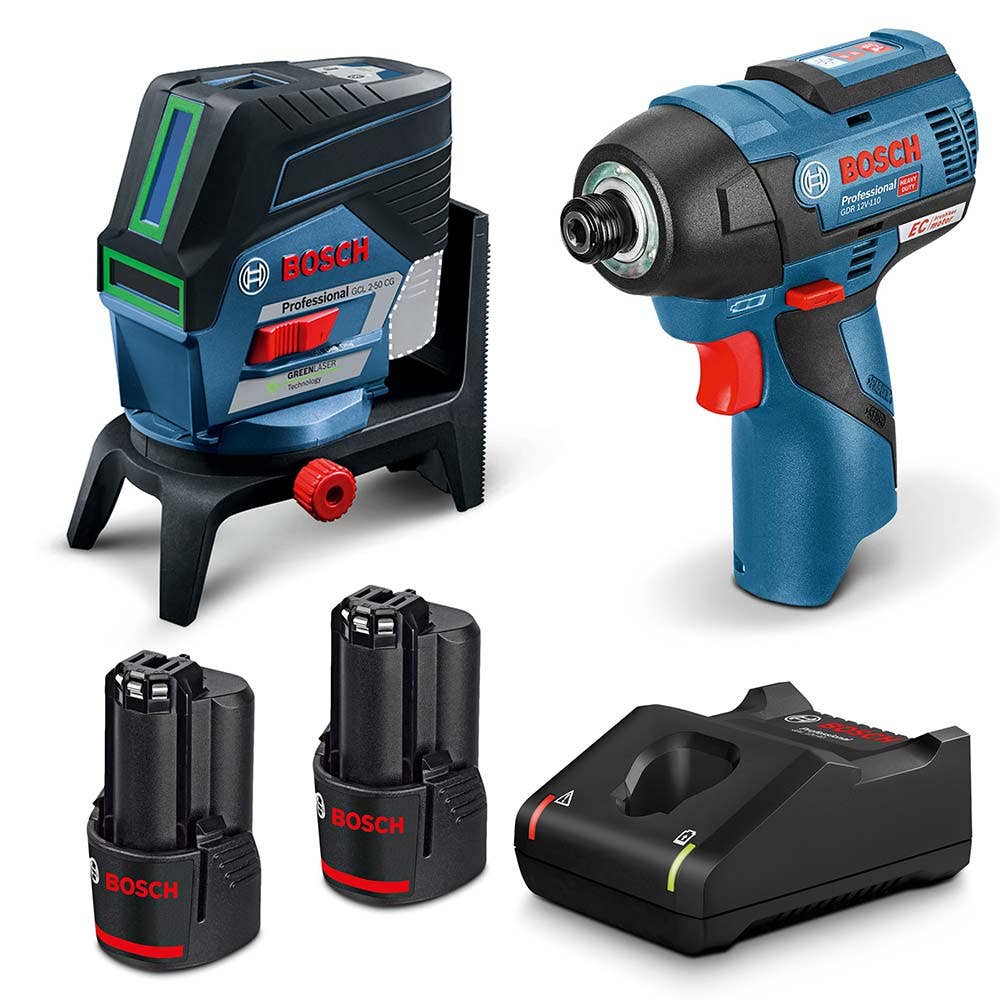 BOSCH 12V 2 x 2.0Ah Pro Crossline Laser Level  &  Brushless Impact Driver Kit 06159940PN