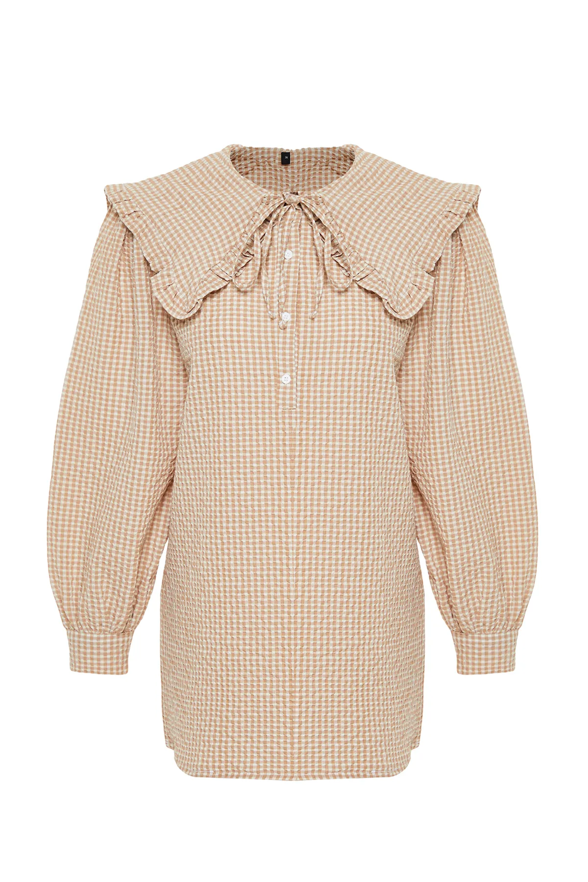 Trendyol Modest  Braune gewebte Tunika mit Gingham-Muster und Babykragen TCTSS23UK00065