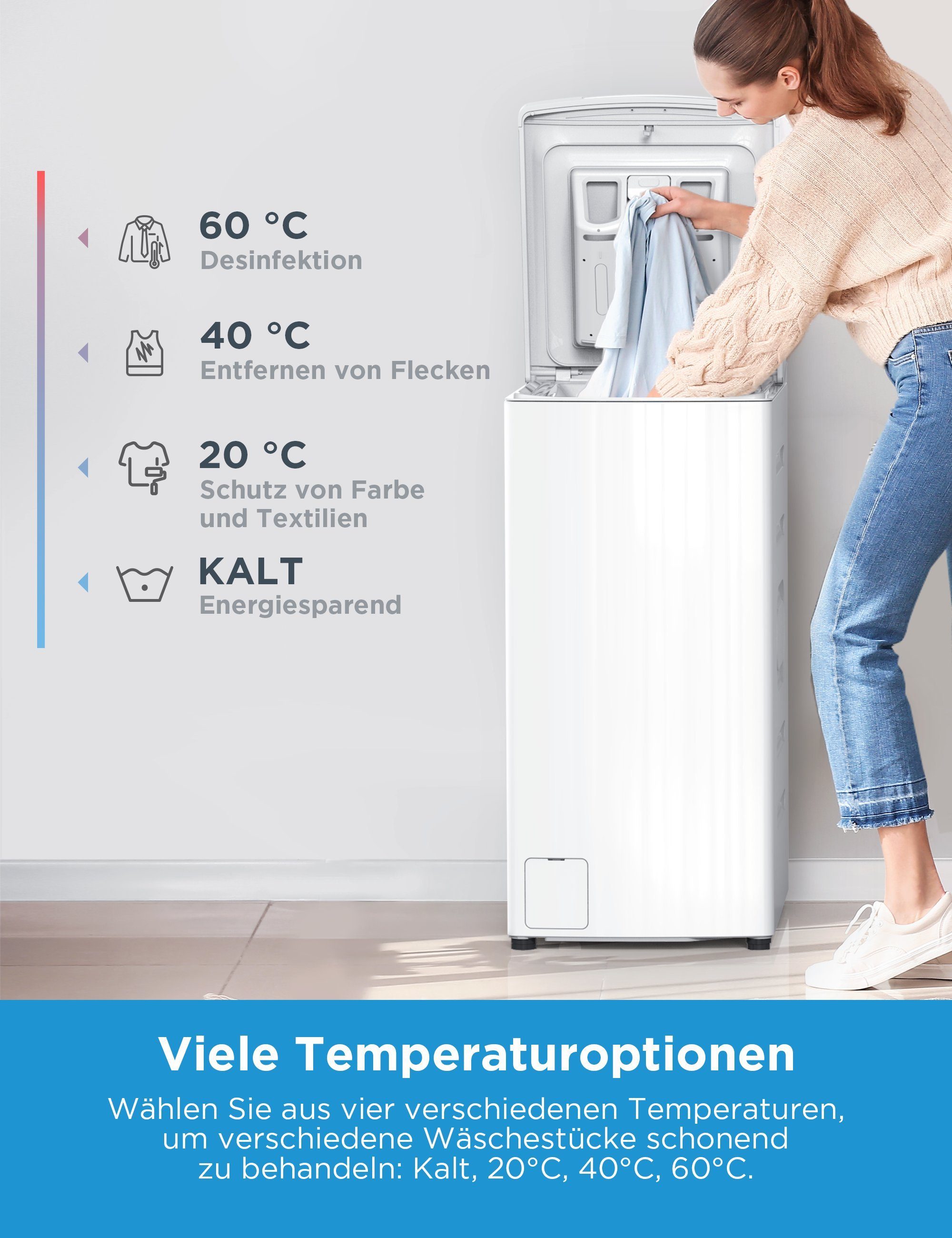 Midea Waschmaschine Toplader MF10ET80B, 8 kg, 1300 U/min, Soft Opener, XL-Tür, Dampffunktion, Kurz 15'&45'