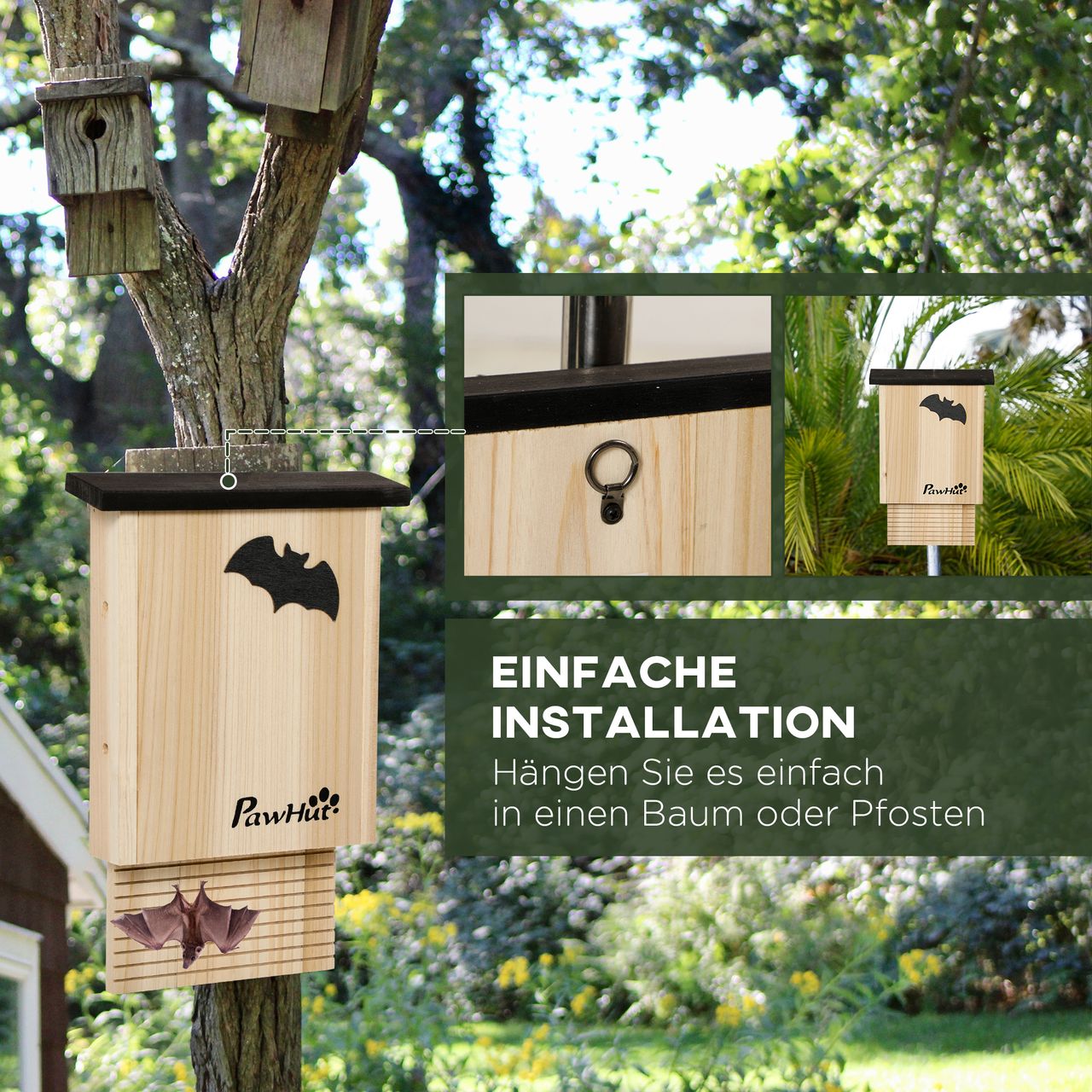 PawHut Fledermauskasten 3er-Set, Fledermaushaus Nistkasten für Fledermäuse, Holz