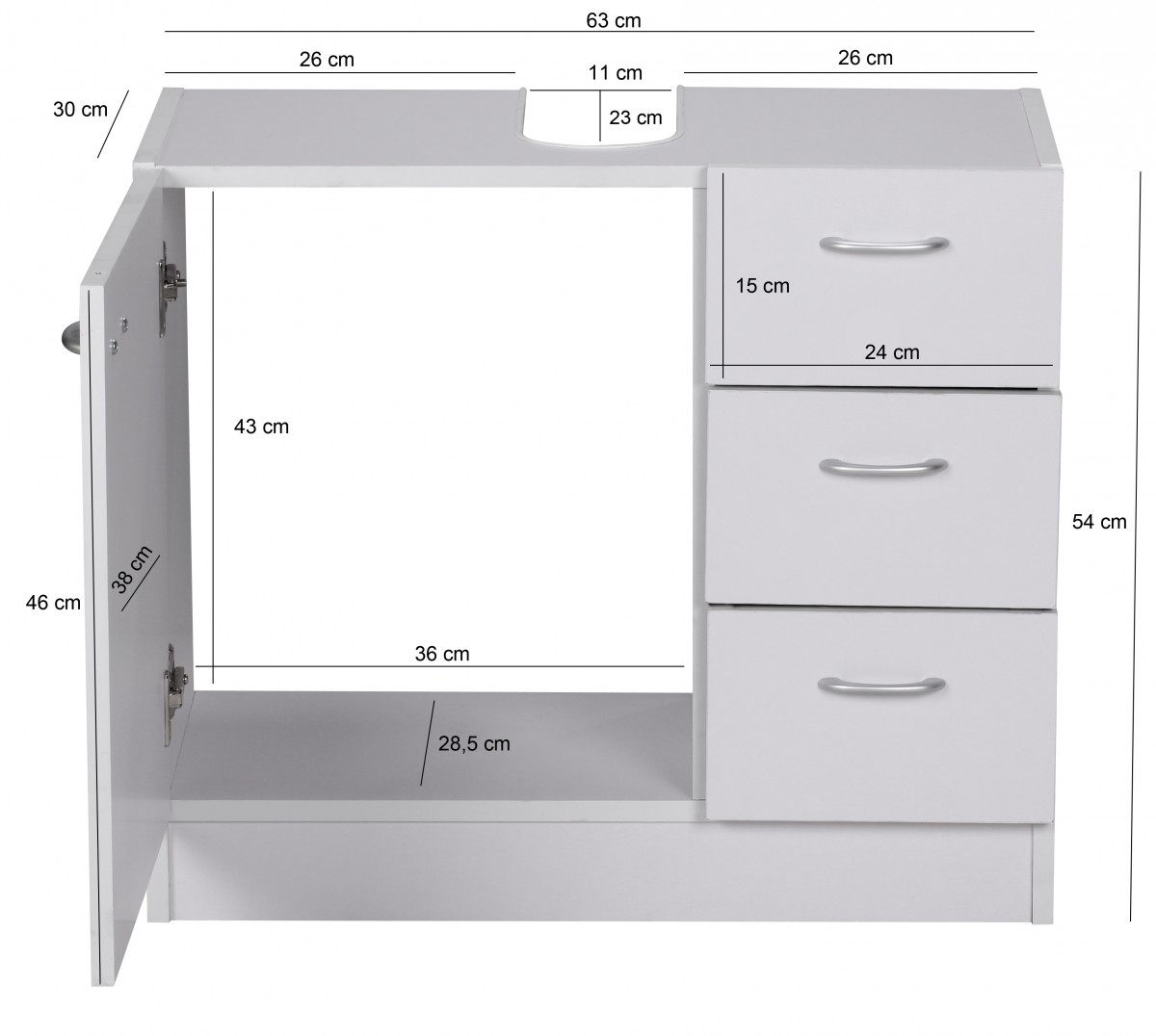 Wohnling Bad Waschbecken Unterschrank 54 x 63 x 30 cm 1 Tür, 3 Schubladen, weiß