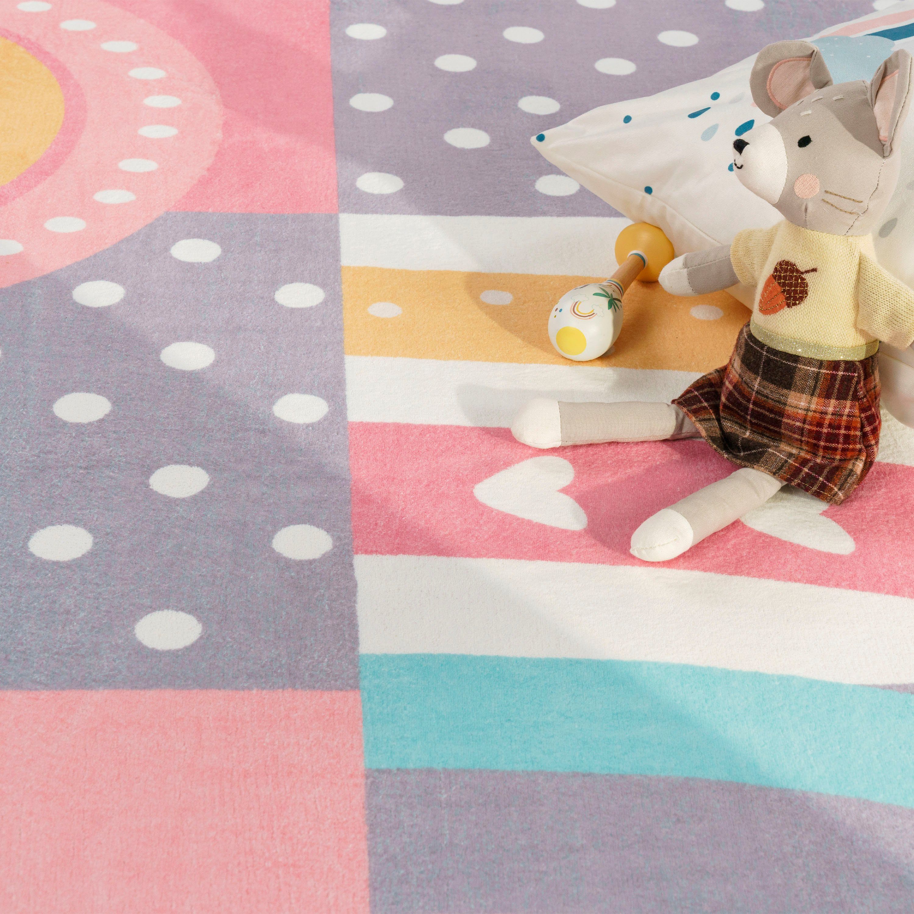 Kinderteppich Eliz 397, Paco Home, rechteckig, Höhe: 12 mm, Spielteppich, Patchwork-Muster, Motiv Regenbogen, Punkte & Herz