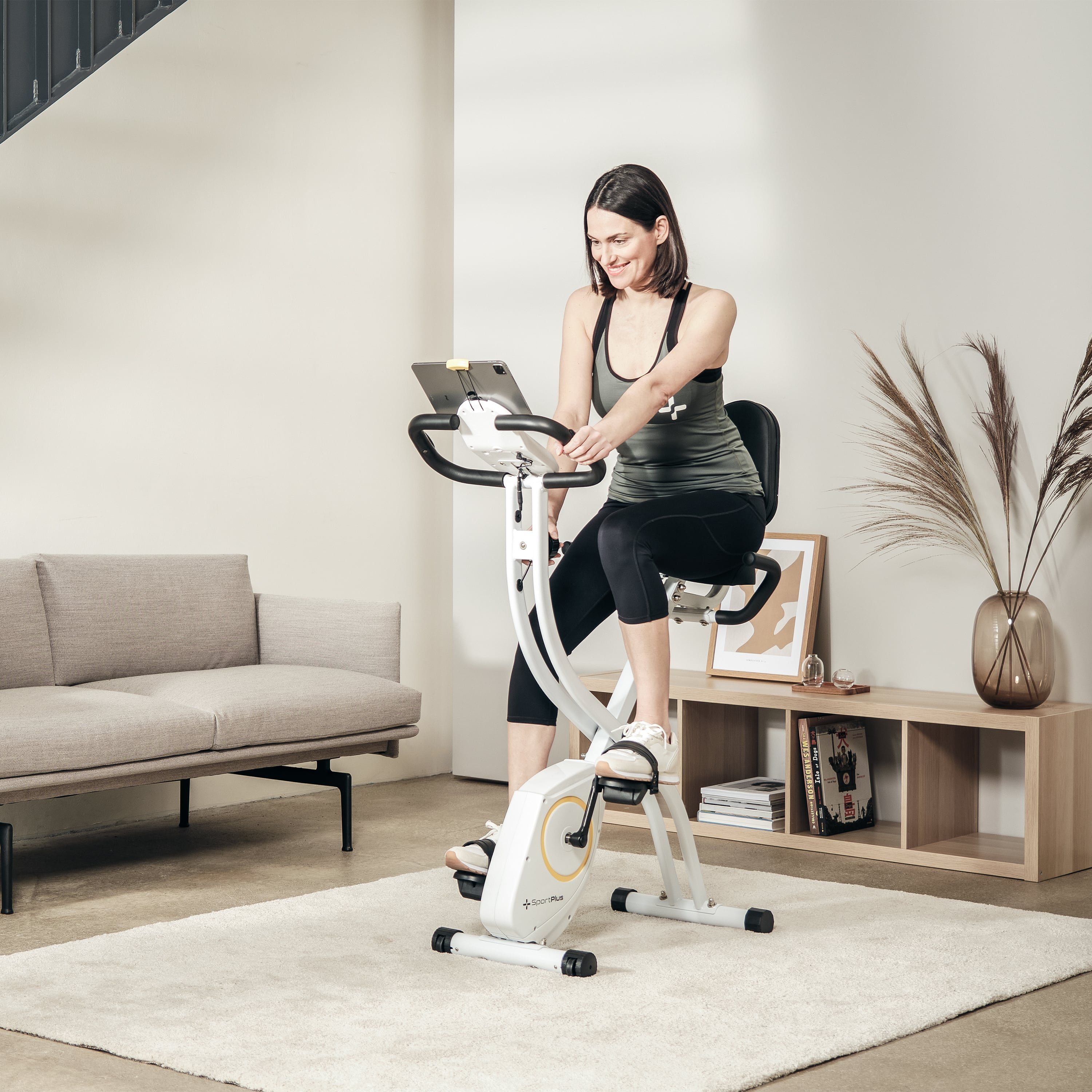 SportPlus Heimtrainer SP-HT-1300-W-iE, Heimtrainer, X-Bike, klappbar für Zuhause, Rückenlehne, 8 Stufen