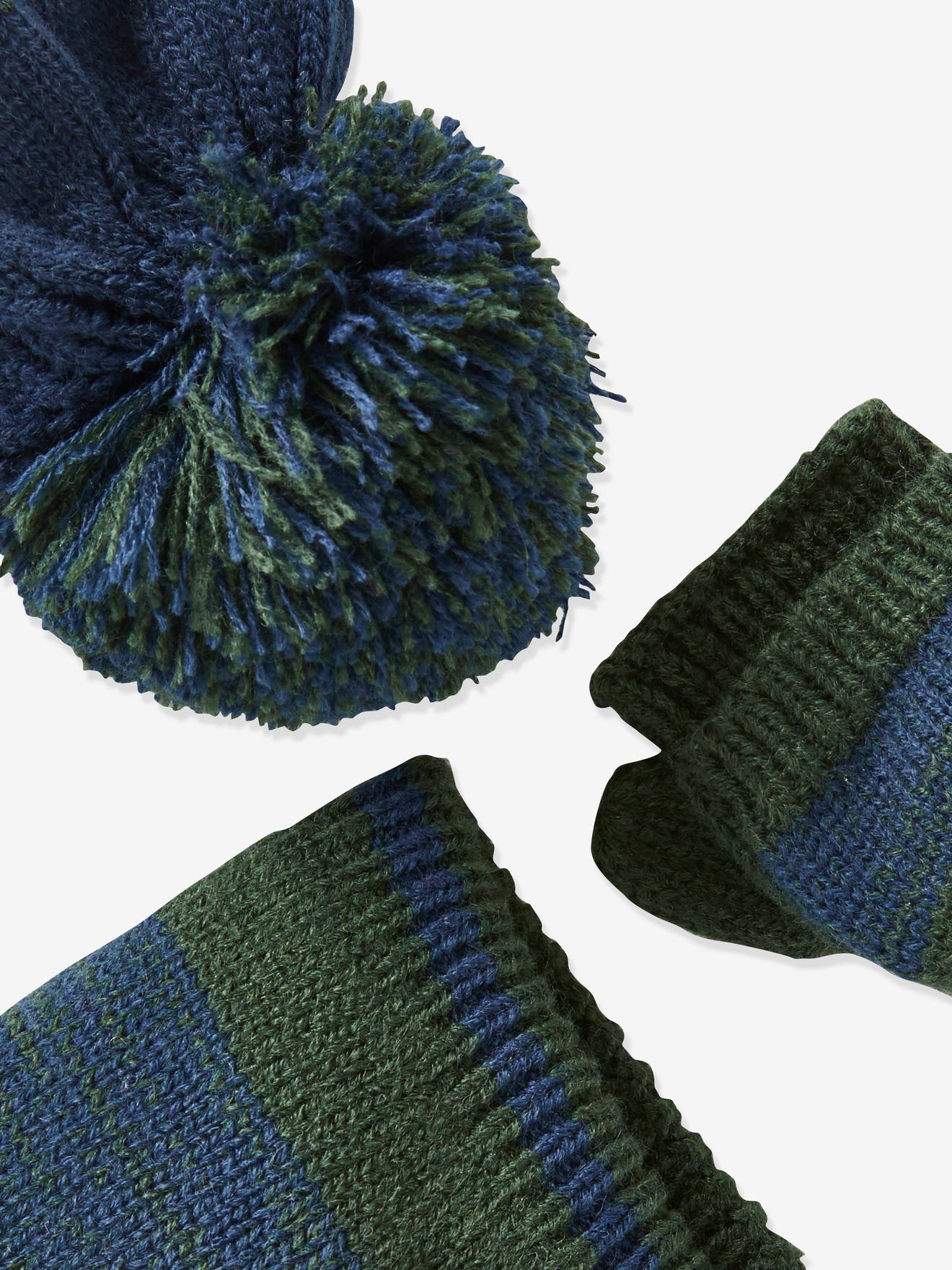 Ensemble garçon bonnet + snood + moufles/mitaines vert