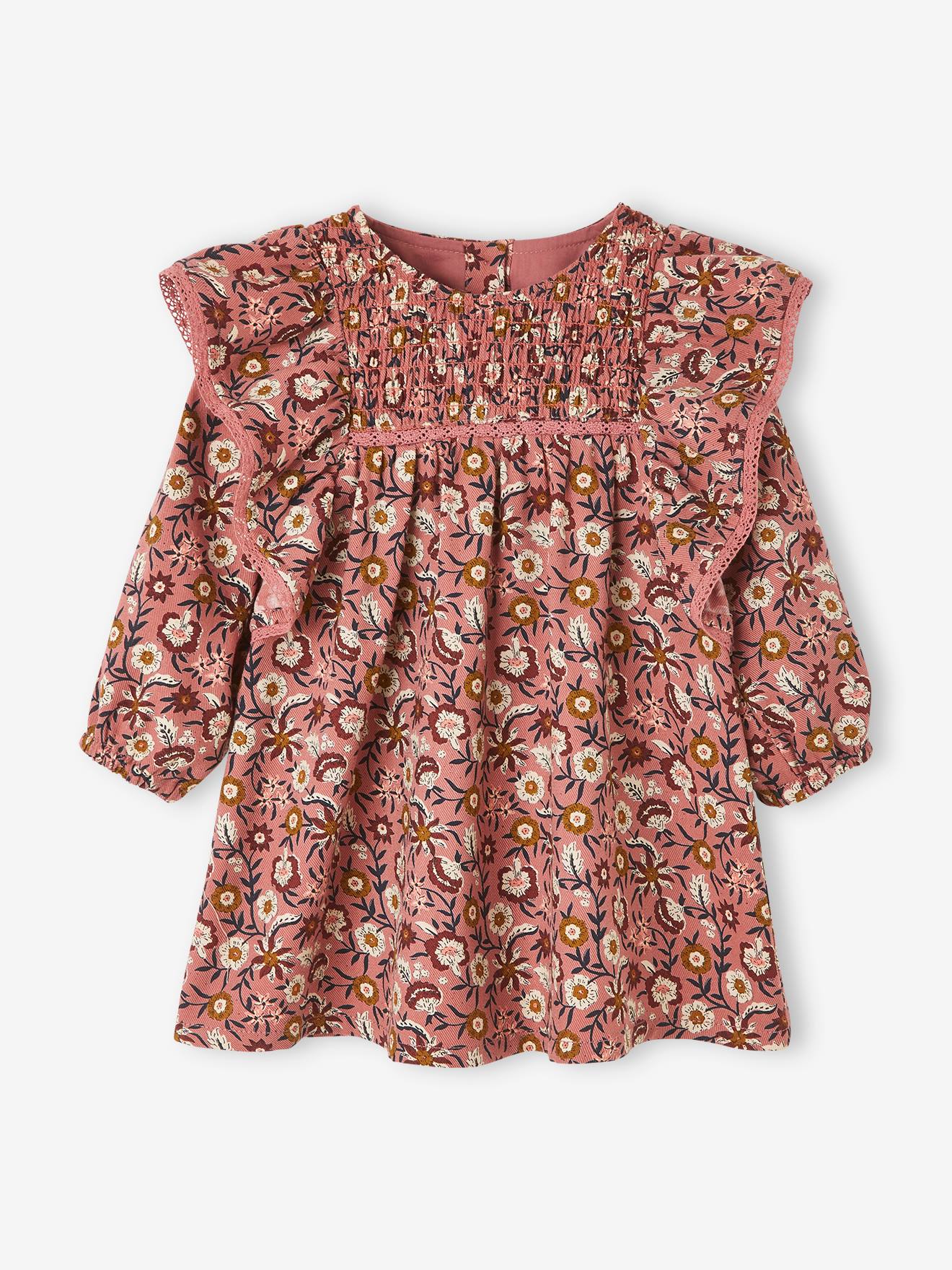 Vertbaudet Gesmoktes Mädchen Baby Kleid, Blumen - altrosa bedruckt