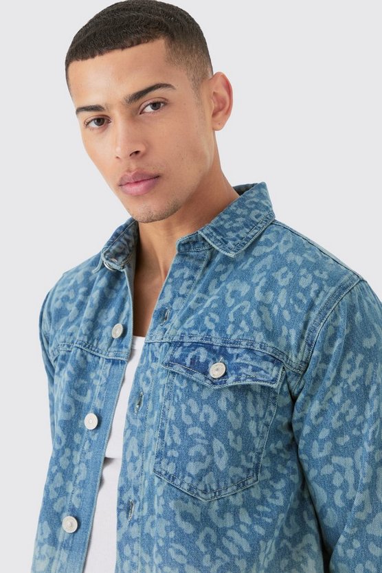 Leopardenprint Denim-Overshirt in Hellblau