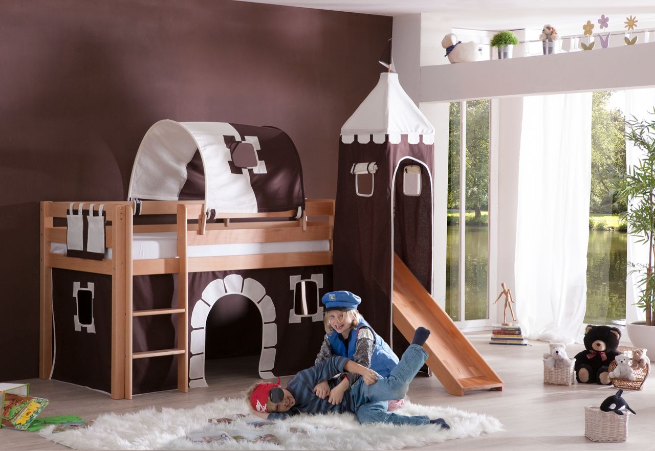 Relita Halbhohes Spielbett ALEX mit Rutsche/Turm/Tunnel Buche massiv natur lackiert mit Stoffset Burg