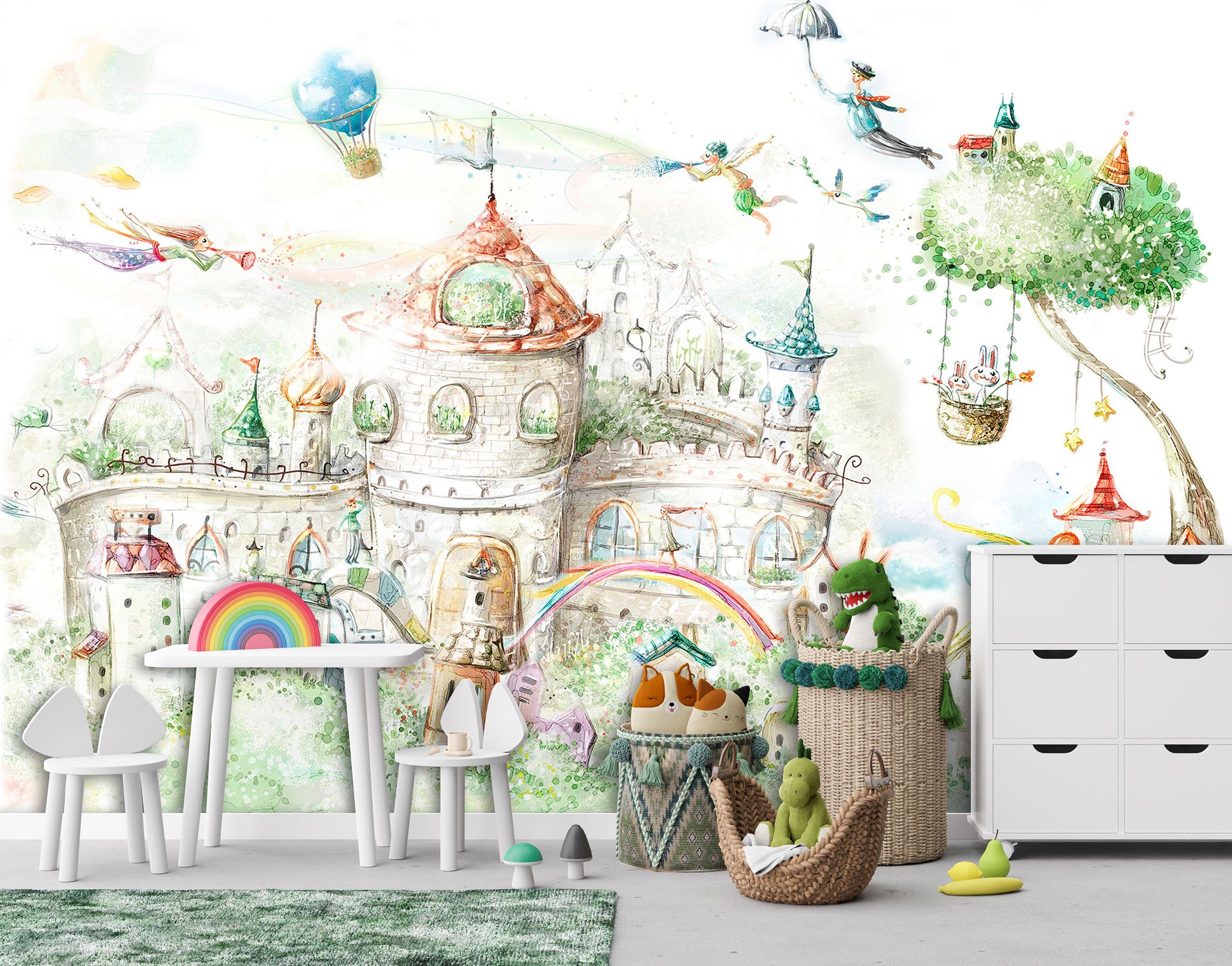 Wallarena Fototapete Kinderzimmer Mädchen Märchenschloss Pastell Vlies Tapete Vliestapete, Glatt Vlies Struktur Vinyl, Kinder, Tapete inklusive Kleister Vliestapete Motivtapete