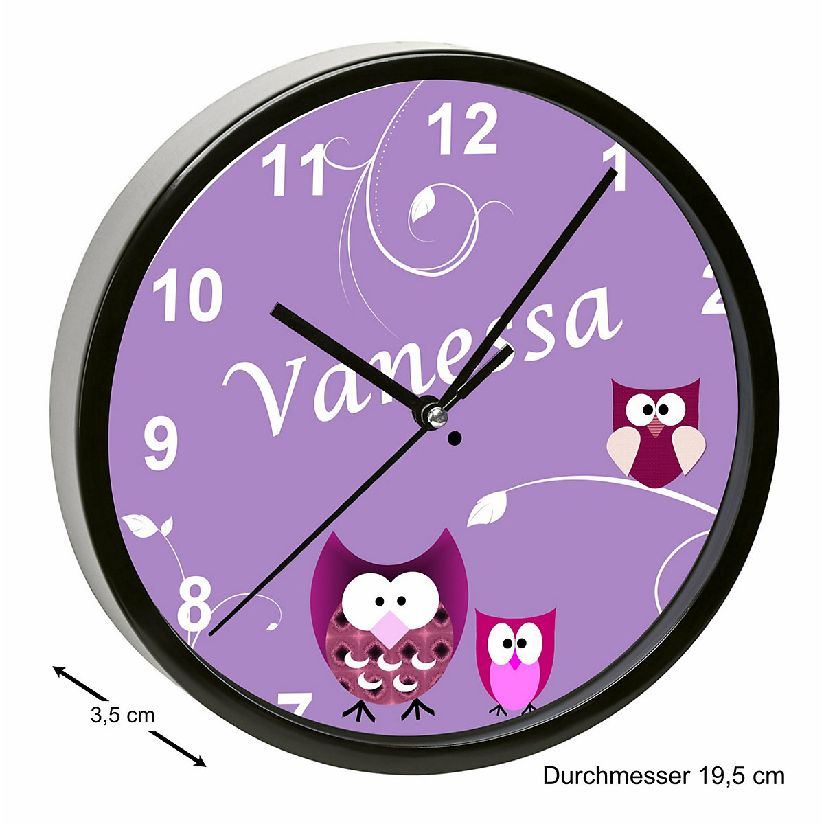 Kinder Wanduhr personalisiert mit Name Eule Lila