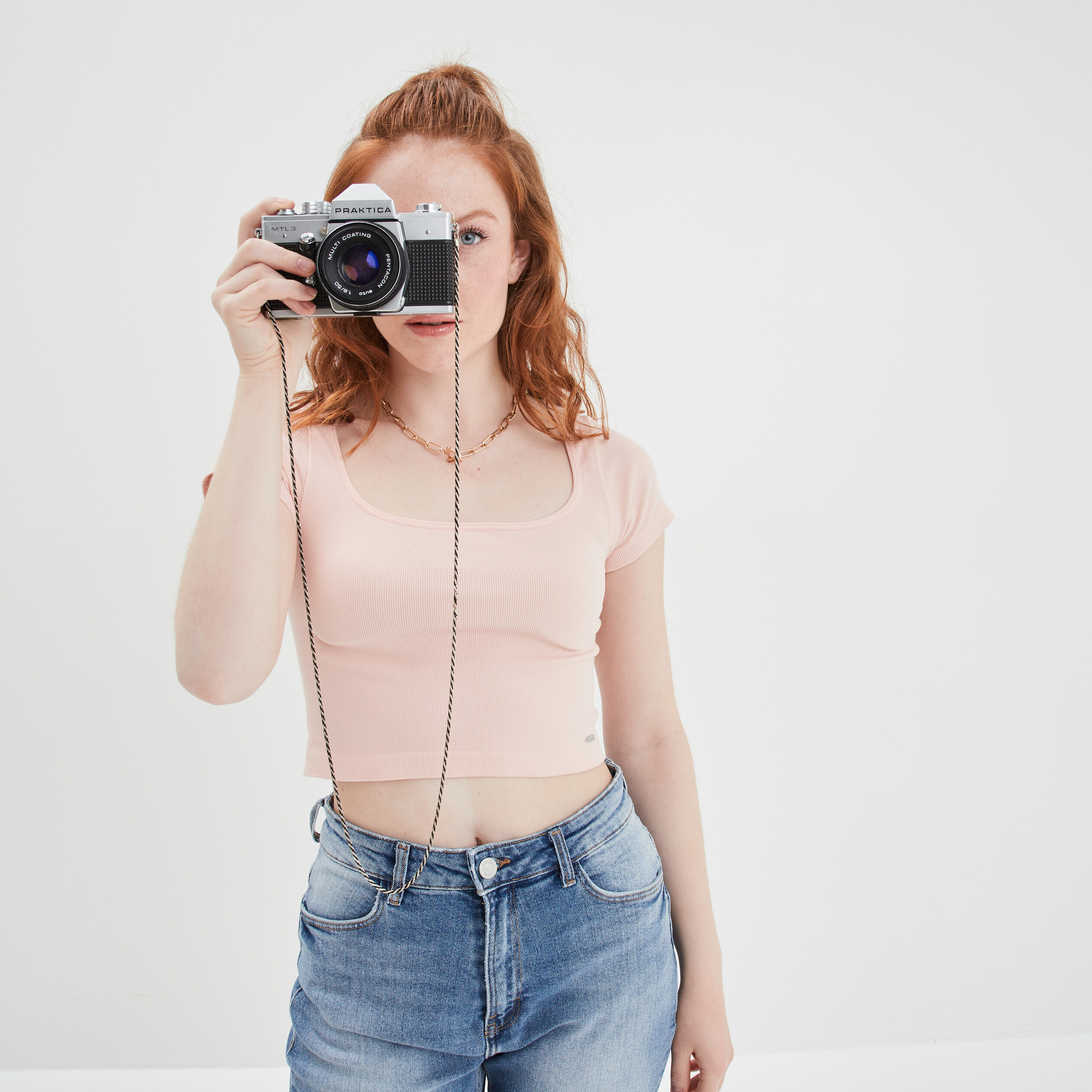 T-shirt cropped encolure carrée Creeks rose poudrée femme | La Halle