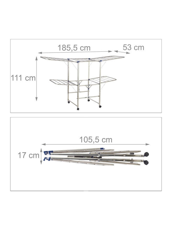relaxdays Wäscheständer in Silber - (B)185,5 x (H)111 x (T)53 cm günstig kaufen onesize