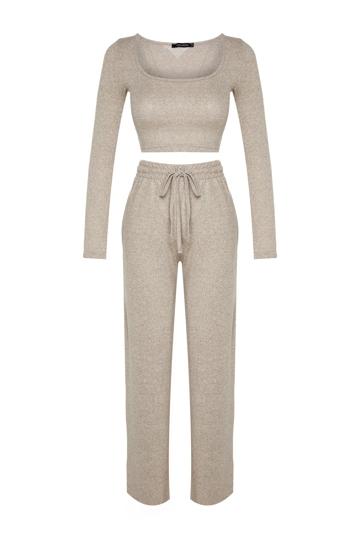 Trendyol Collection  Beiges Yumoş Crop- und Wide Leg/Wide Leg Strick-Set aus Unterteil und Top TWOAW23AU00125