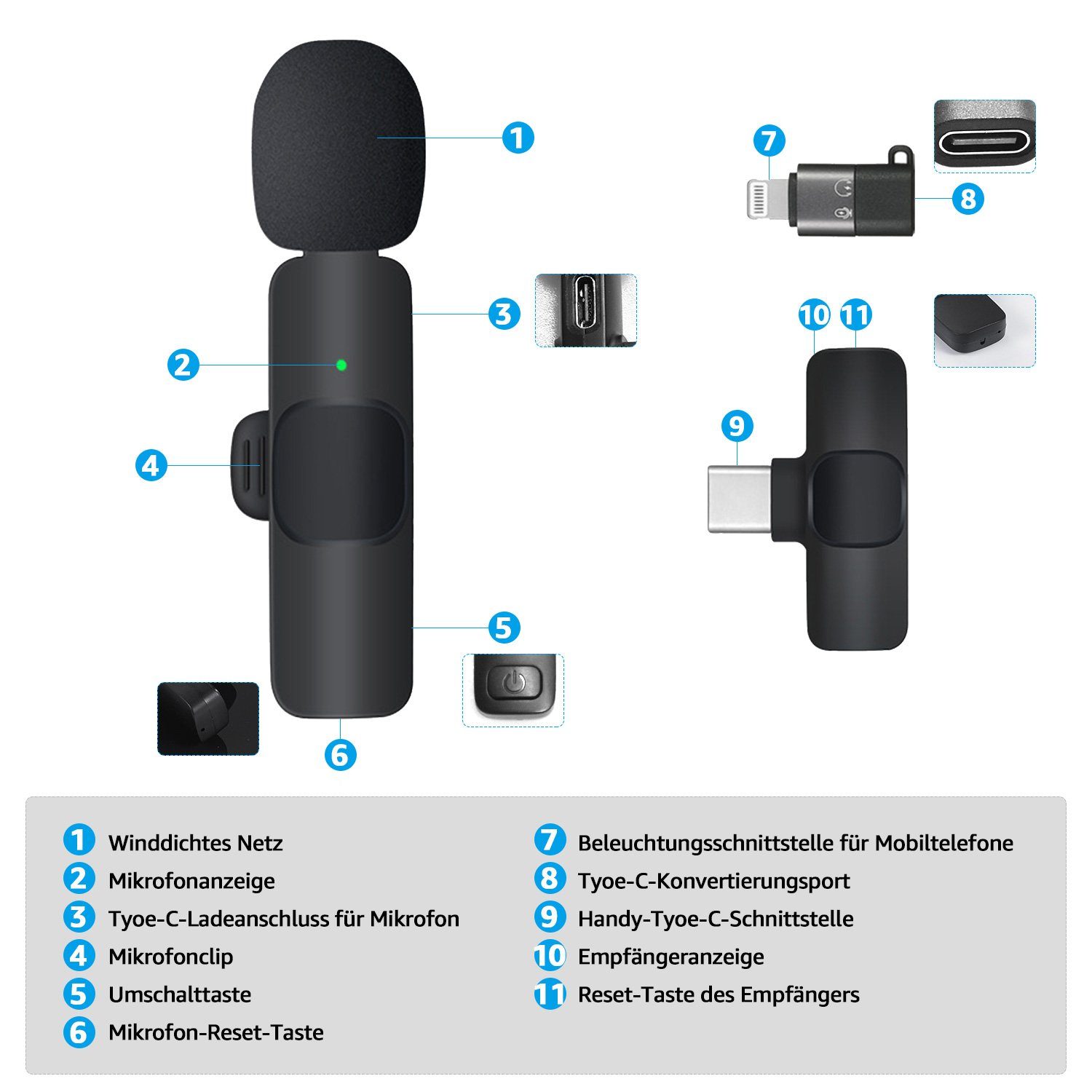 7Magic Streaming-Mikrofon Lavalier Mikrofon Kein Bluetooth oder App, Kabellos Handy Ansteckmikrofon. Rauschunterdrückung