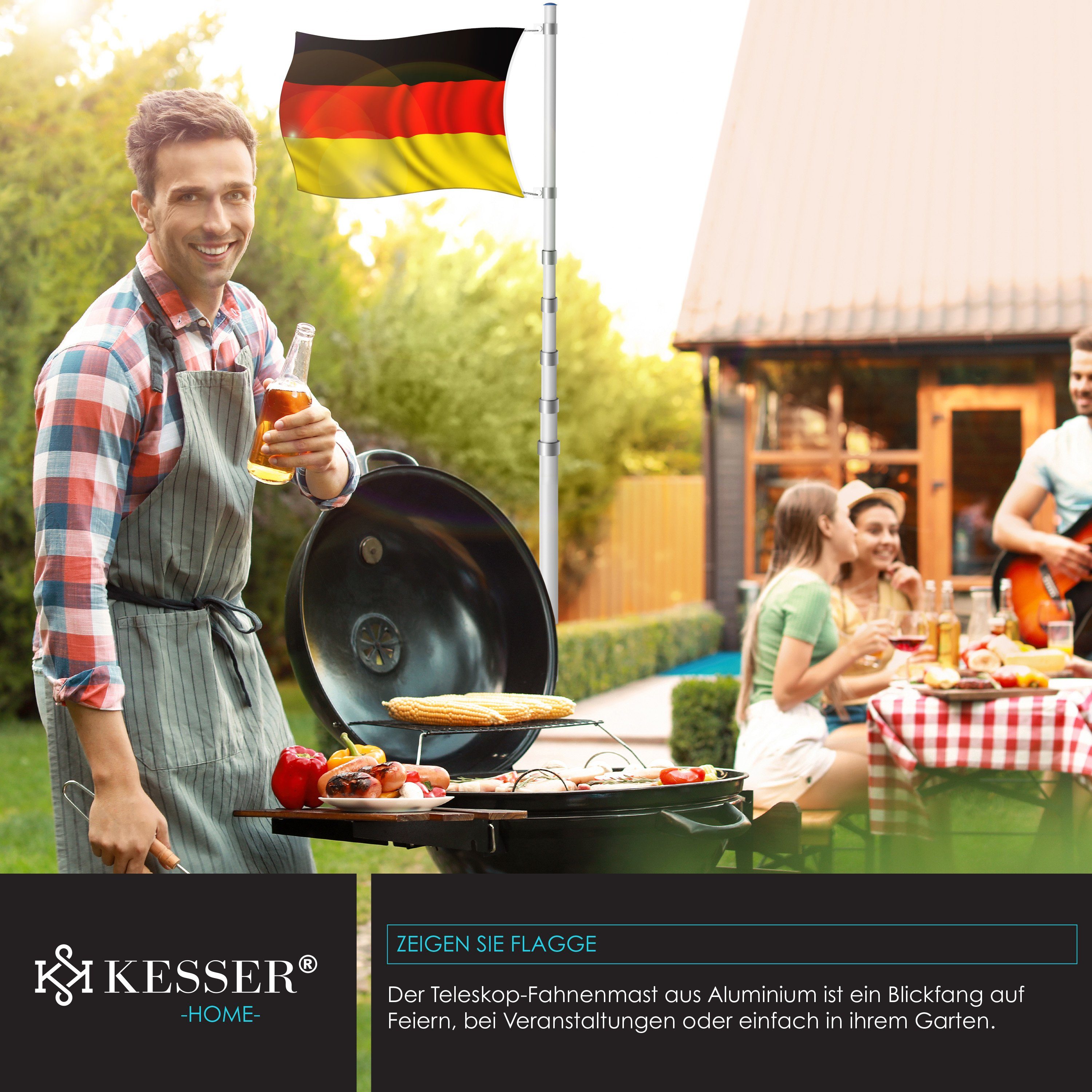 KESSER Fahne, Teleskop Fahnenmast 6,3m + Bodenhülse, 60cm Deutschland-Fahne