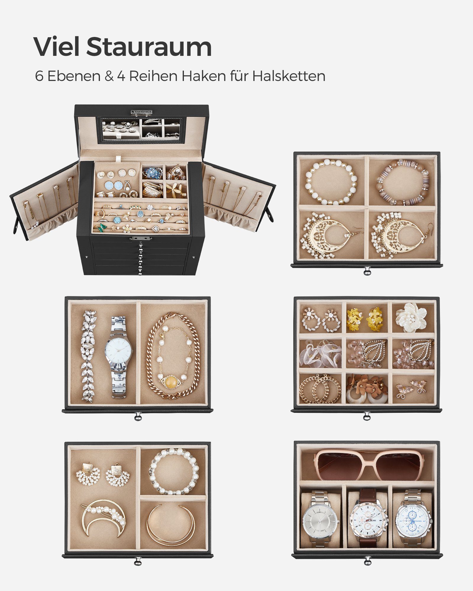 SONGMICS Schmuckkasten, Schmuckschatulle mit 6 Ebenen, seitlichen Klapptüren