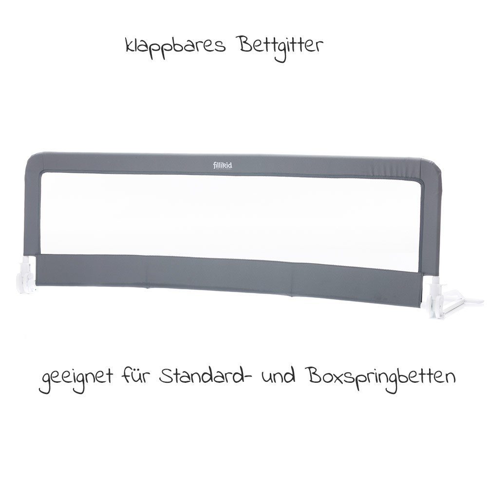 Fillikid Bettschutzgitter Bettgitter - Grau (1 St), Rausfallschutz für Baby & Kinder 150 x 50 cm - hohes, klappbares Bettgitter für Standard Betten & Boxspringbett