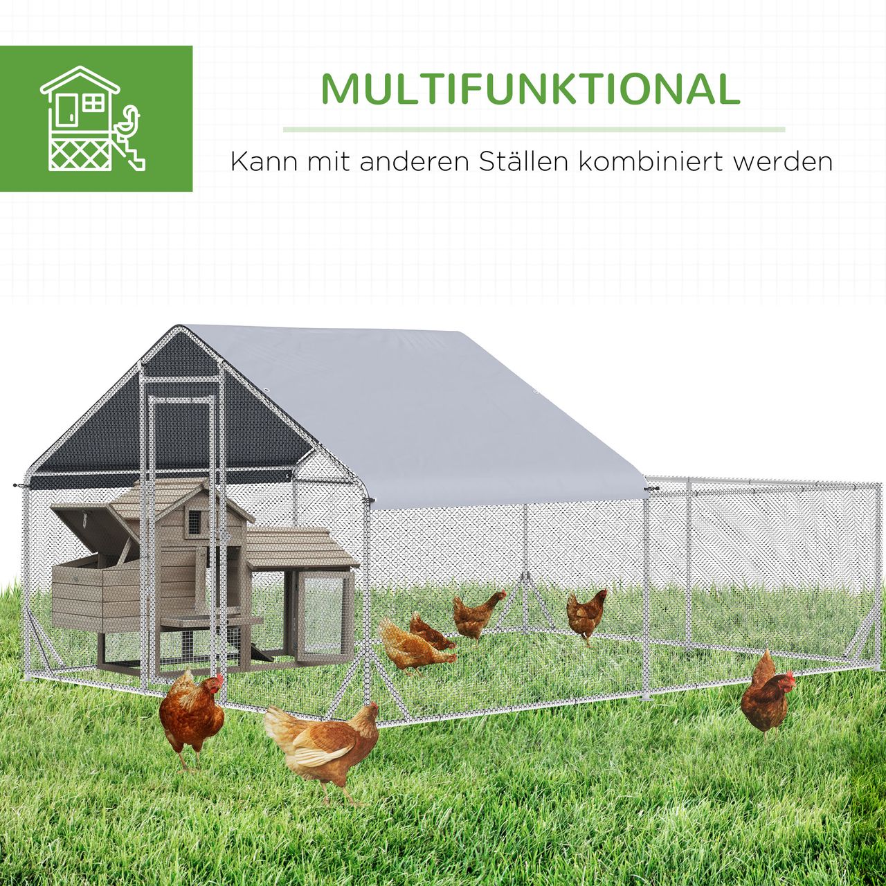 PawHut Hühnerstall Freilaufgehege, 400 x 300 x 195 cm Hühnerkäfig mit Schutzdach