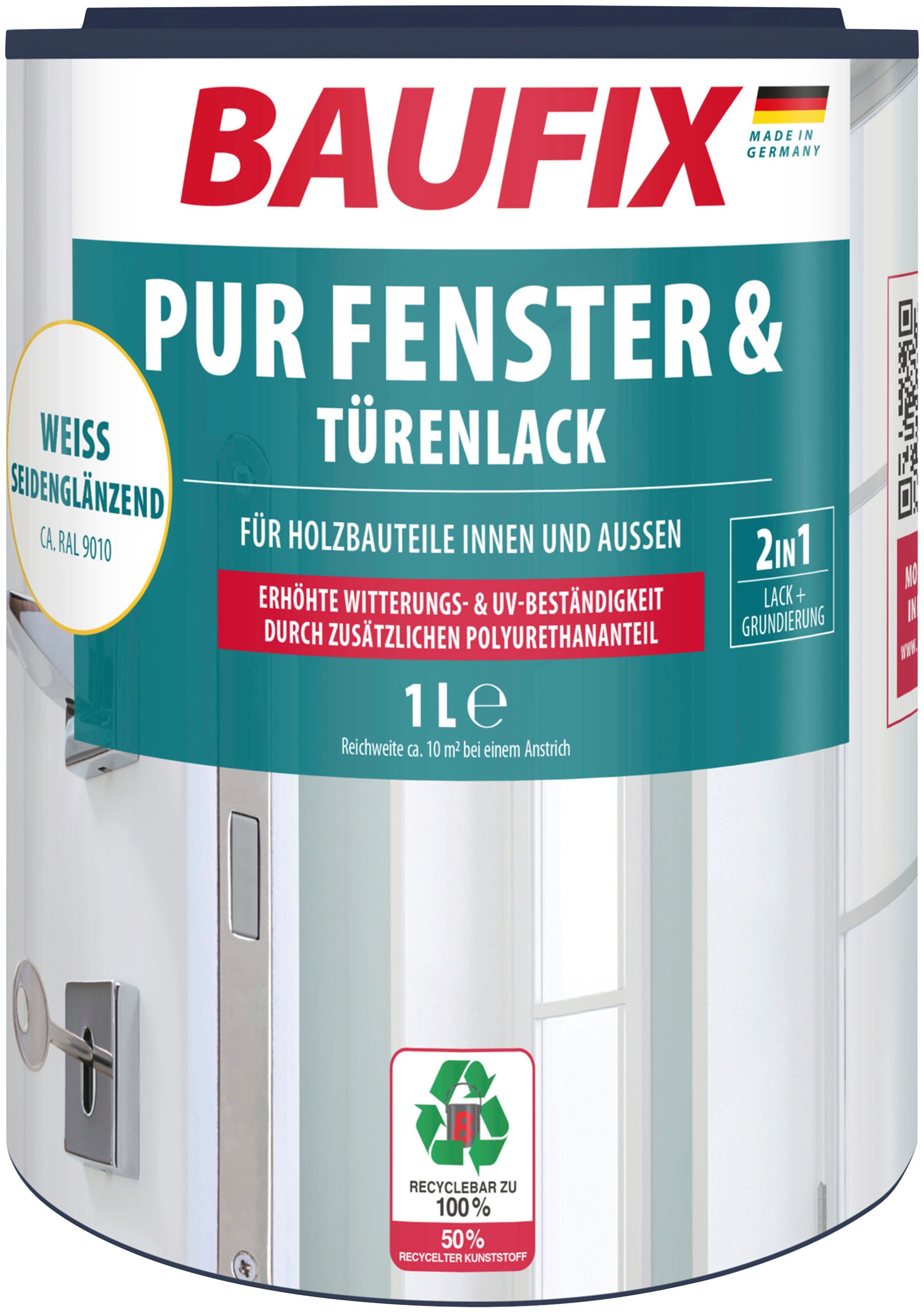 Baufix Weißlack PUR Fenster- & Türenlack, elastisch, UV beständig, wetterbeständig, 1L, weiß seidenglänzend