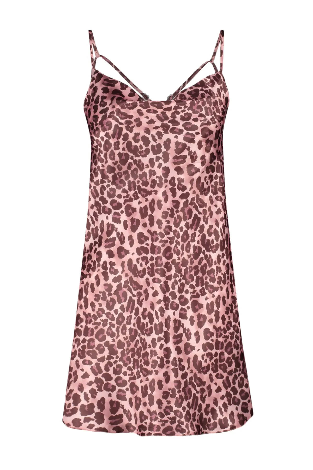 Trendyol Collection  Rosa Nachthemd aus gewebtem Satin mit Leopardenmuster, Seilriemen und Degaje-Kragen THMSS23GC00041