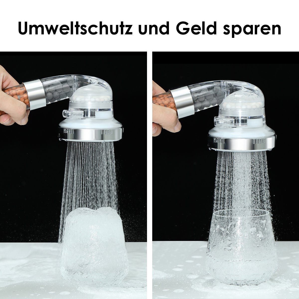 iscooter Handbrause Duschkopf Wassersparend, mit 3 Strahlarten, mit 3-Lagen-Filtration, (Set), mit Öko Ionen Filter Mineralsteinen, Druckerhöhend, Schlauch 1,5M