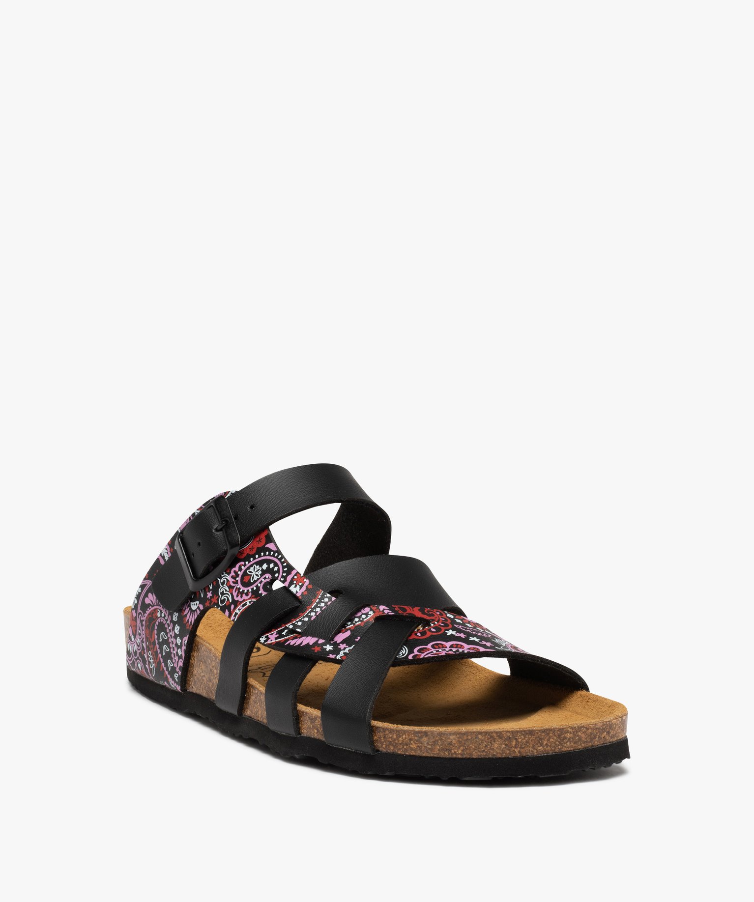 Mules femme plates à brides imprimées et semelle liège noir | GEMO