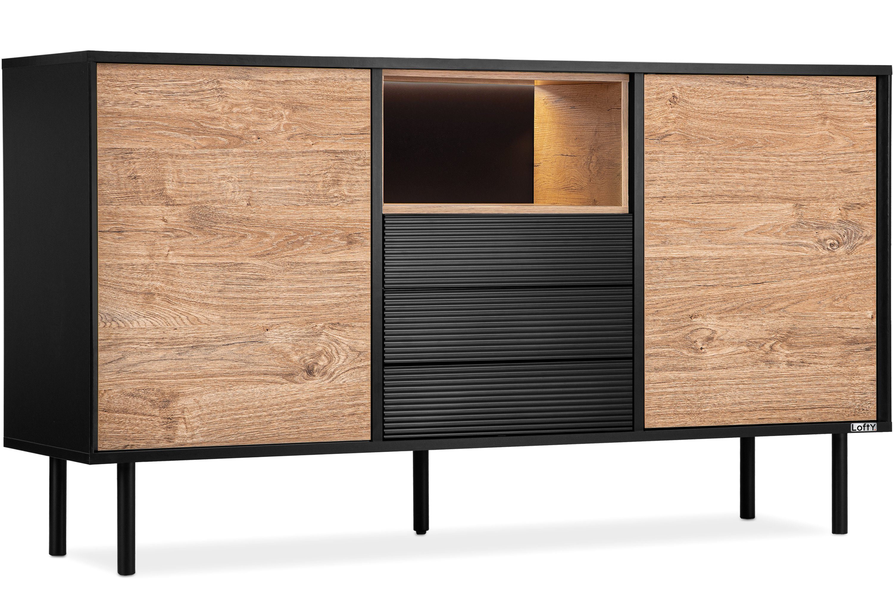 Konsimo Kombikommode LOFTY Sideboard Türkommode mit Schubladen industrial Style, Breite 151 cm, geriffelte Front, Holz, mit Schubladen