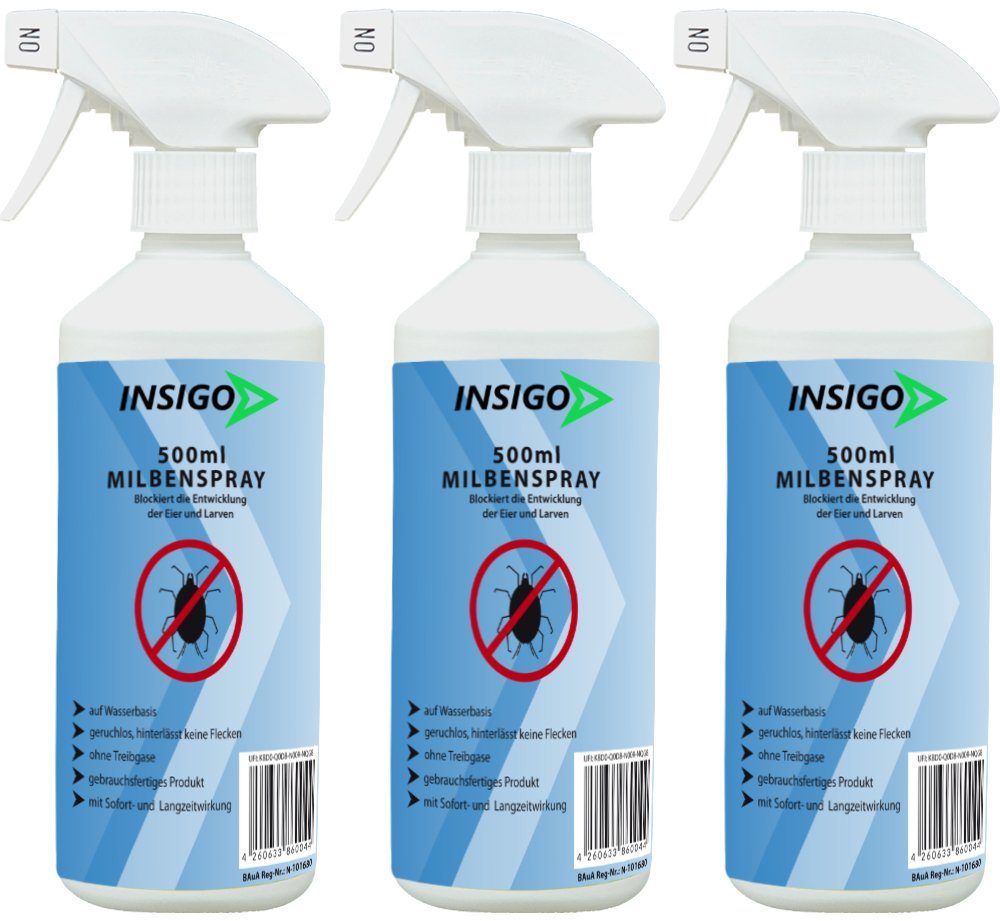 INSIGO Insektenspray Anti Milben-Spray Milben-Mittel Ungezieferspray, 1.5 l, auf Wasserbasis, geruchsarm, brennt / ätzt nicht, mit Langzeitwirkung