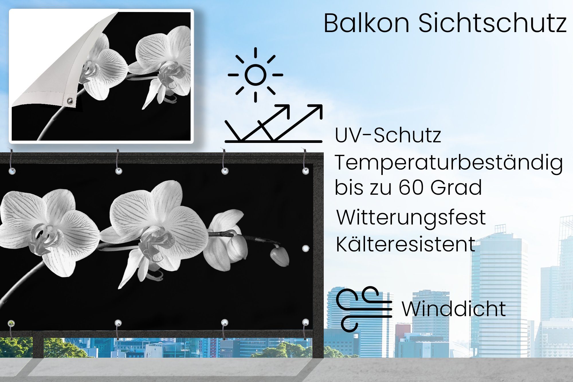 MuchoWow Balkonsichtschutz Orchidee - Blumen - Schwarz - Rosa - Knöpfe (1-St) Balkonbanner, Sichtschutz für den Balkon, Robustes und wetterfest