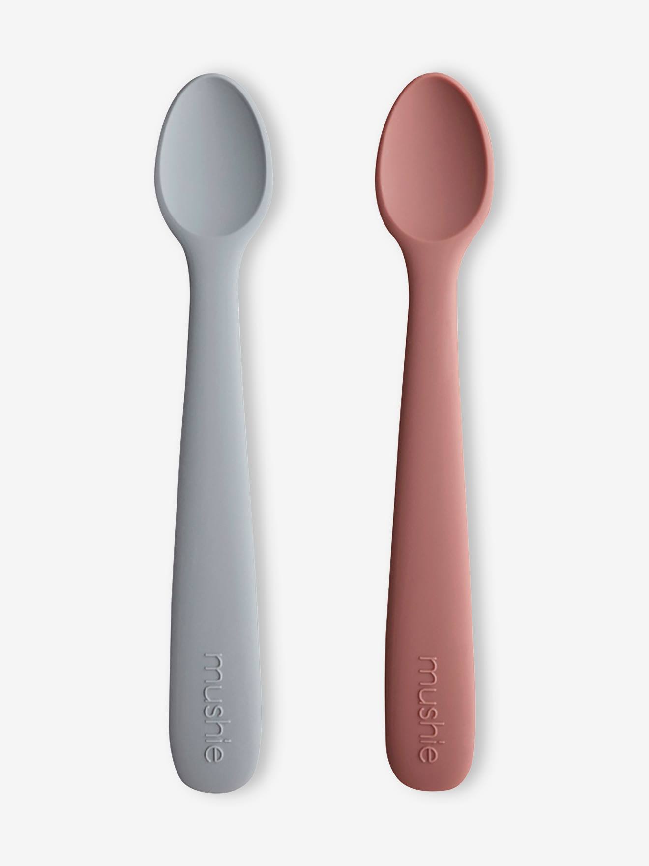 Lot de 2 cuillères 1er âge MUSHIE en silicone gris + mauve