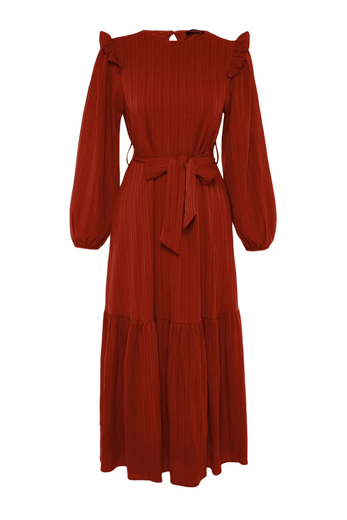 Trendyol Modest  Zimtfarbenes Kleid aus Viskose-Mischgewebe mit Gürtel, Rüschen an den Schultern und Volant-Futter TCTSS23EB00290