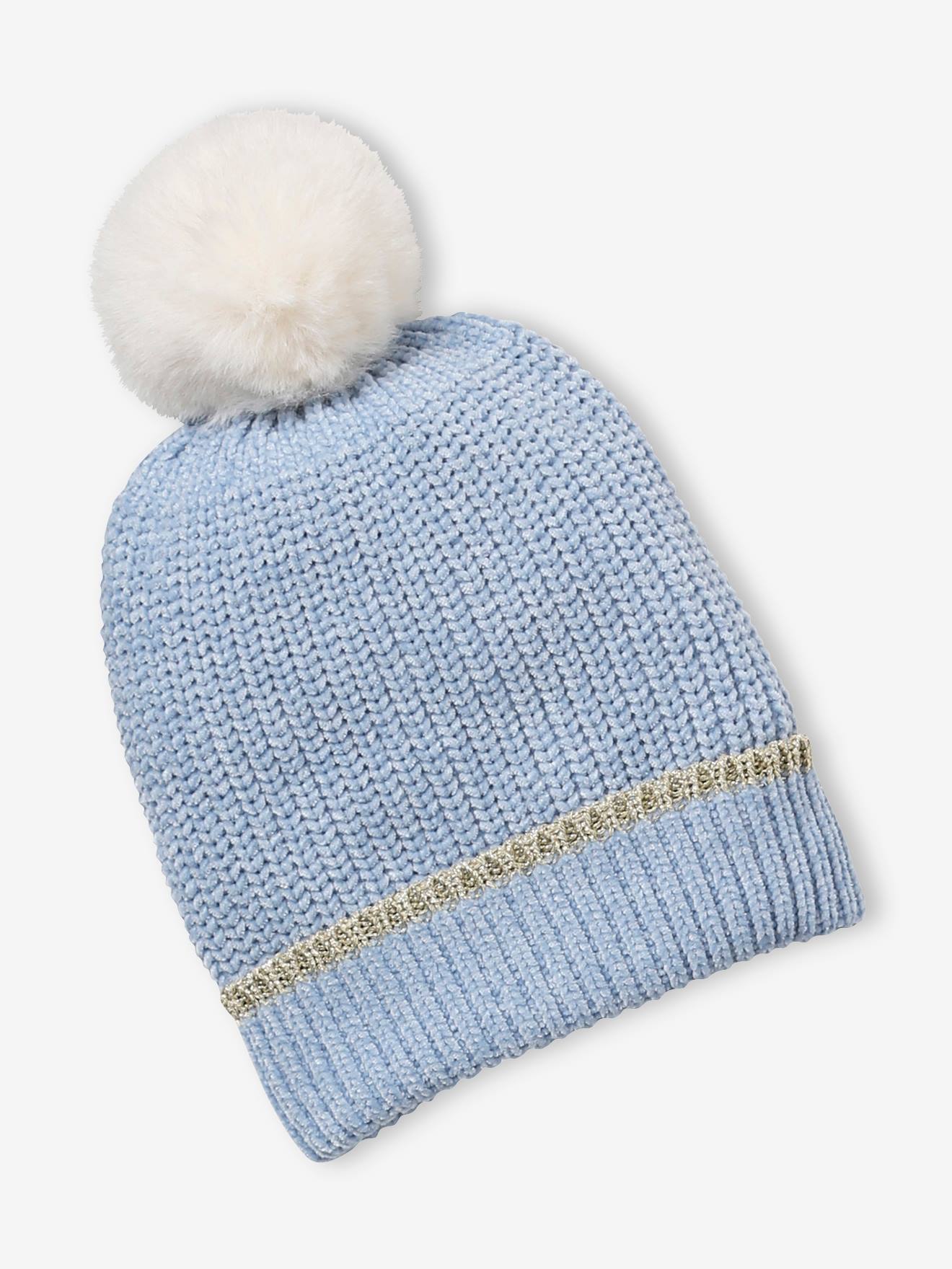 Ensemble bonnet + snood + gants maille chenille fille bleu clair