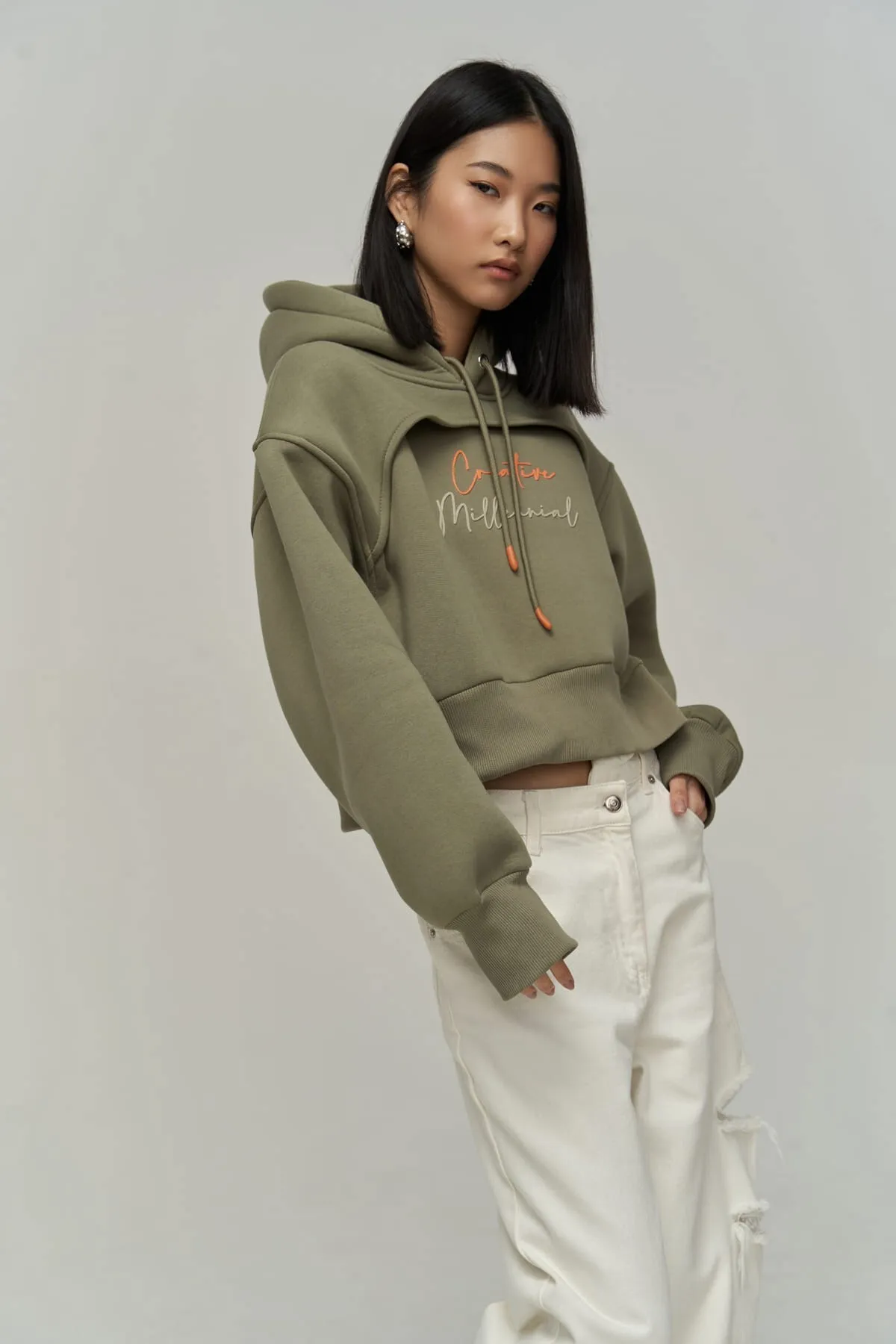 MAİ COLLECTİON  Kreatives, weiches Khaki-Crop-Sweatshirt