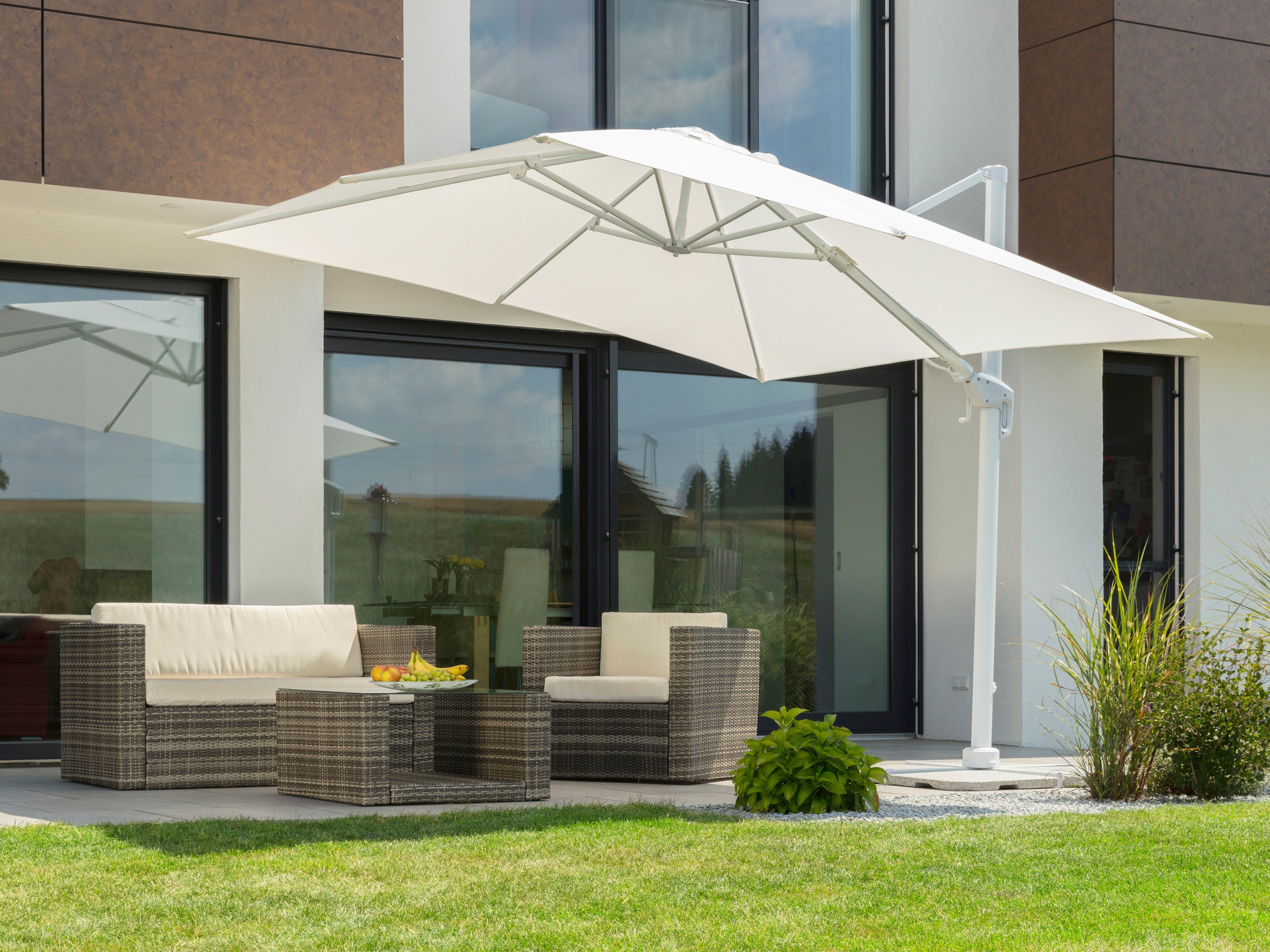 Schneider Schirme Ampelschirm Rhodos Twist Bianco, LxB: 300x300 cm, mit Schutzhülle und Schirmständer, ohne Wegeplatten