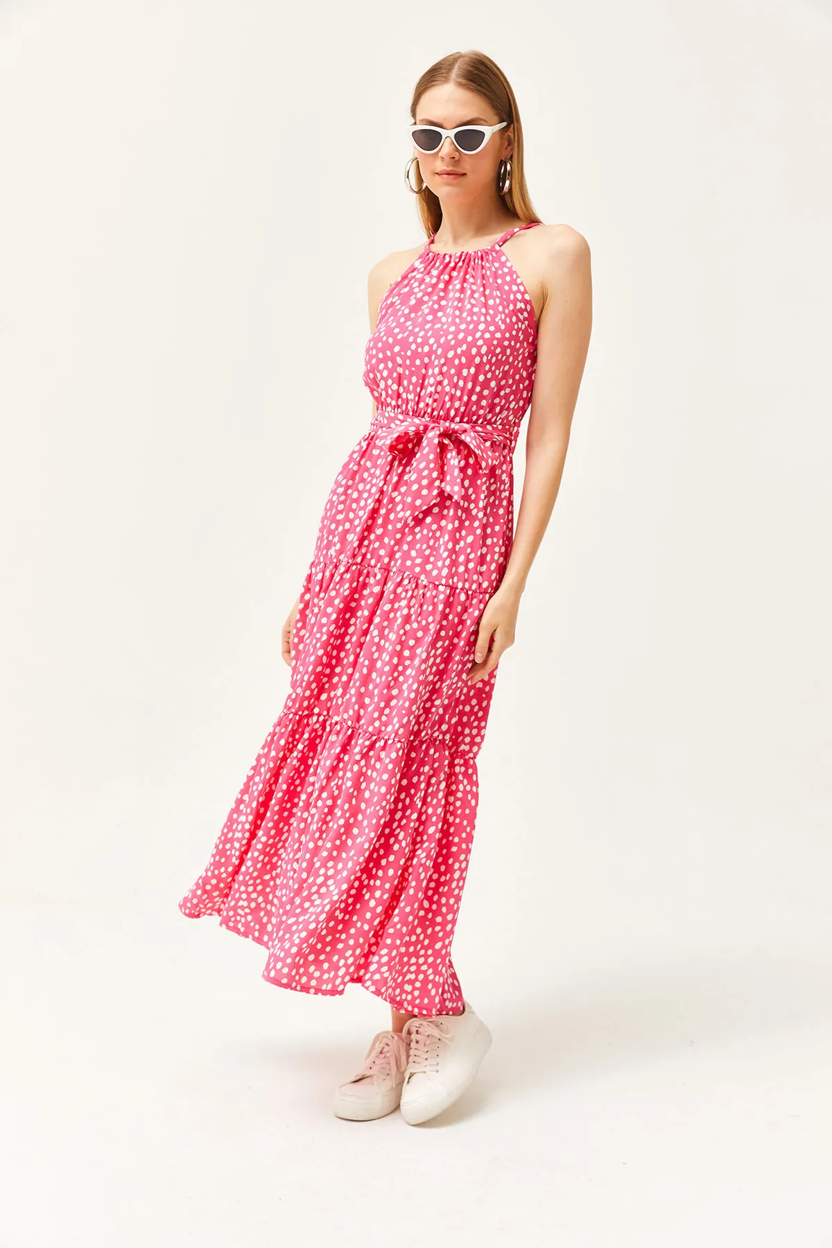 Olalook  Damen Polka Dot Fuchsia Neckholder-Kleid aus gewebter Viskose mit Gürtel ELB-19001548