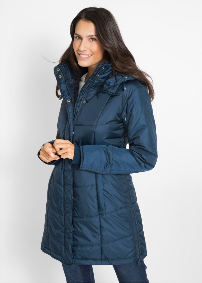 Long-Steppjacke, wattiert mit Kragen und Kapuze