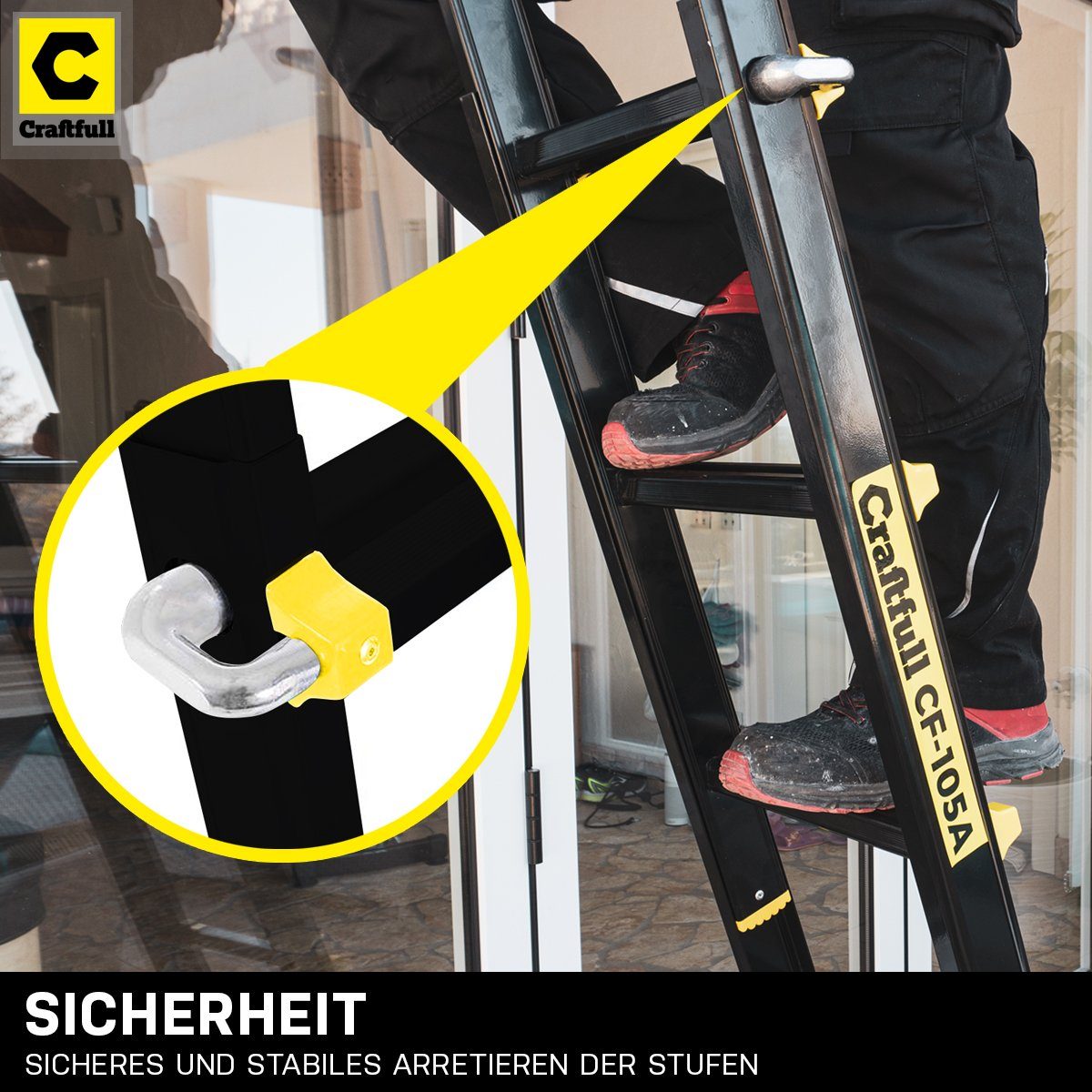 Craftfull Teleskopleiter 4in1 Treppenleiter CF-105A - 3 Jahre Garantie - 6,25 m - Aluminium (Black-Edition - 150 kg Traglast - Mehrzweckleiter Alu Stehleiter bis 150 kg - Anlegeleiter - Trittleiter - Wandleiter - Arbeitsbühne - Haushaltsleiter - Ausz