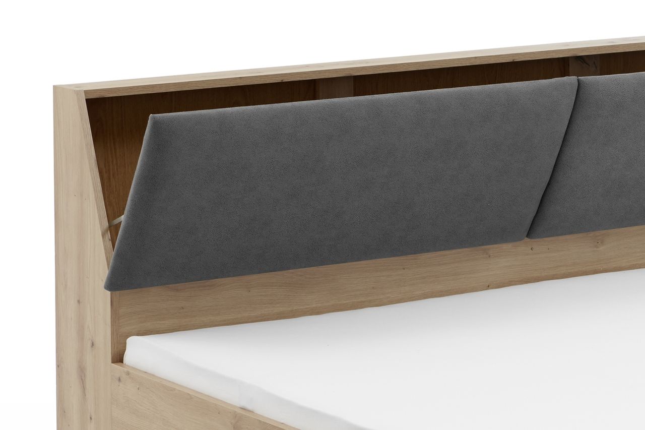 Relita Funktionsbett Maxi 180 x 200 cm, ohne Lattenrost mit 6 Bettschubladen und Stauraum-Polster-Kopfteil Eiche Artisan Dekor