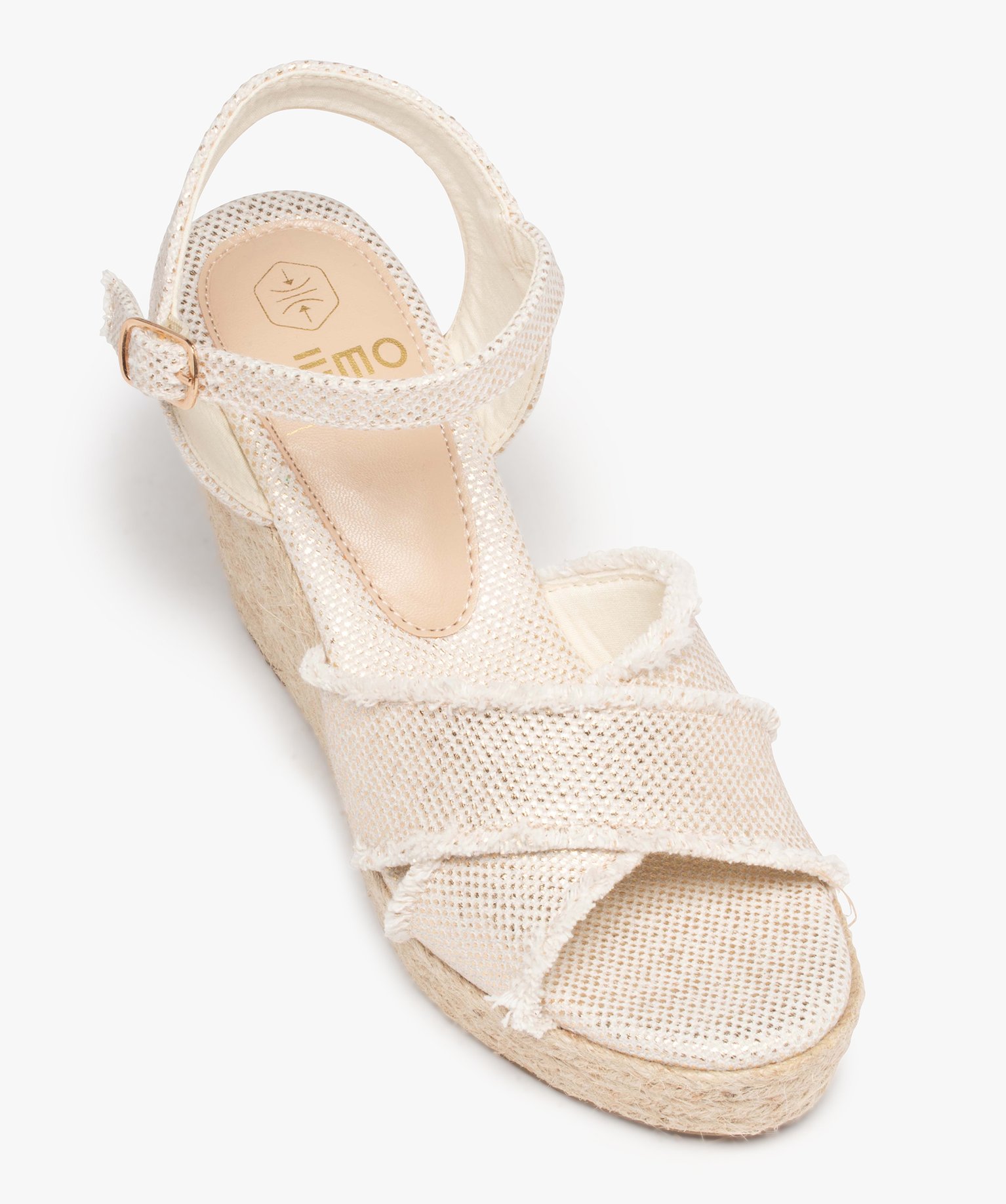 Sandales femme compensées dessus en toile brillante beige | GEMO
