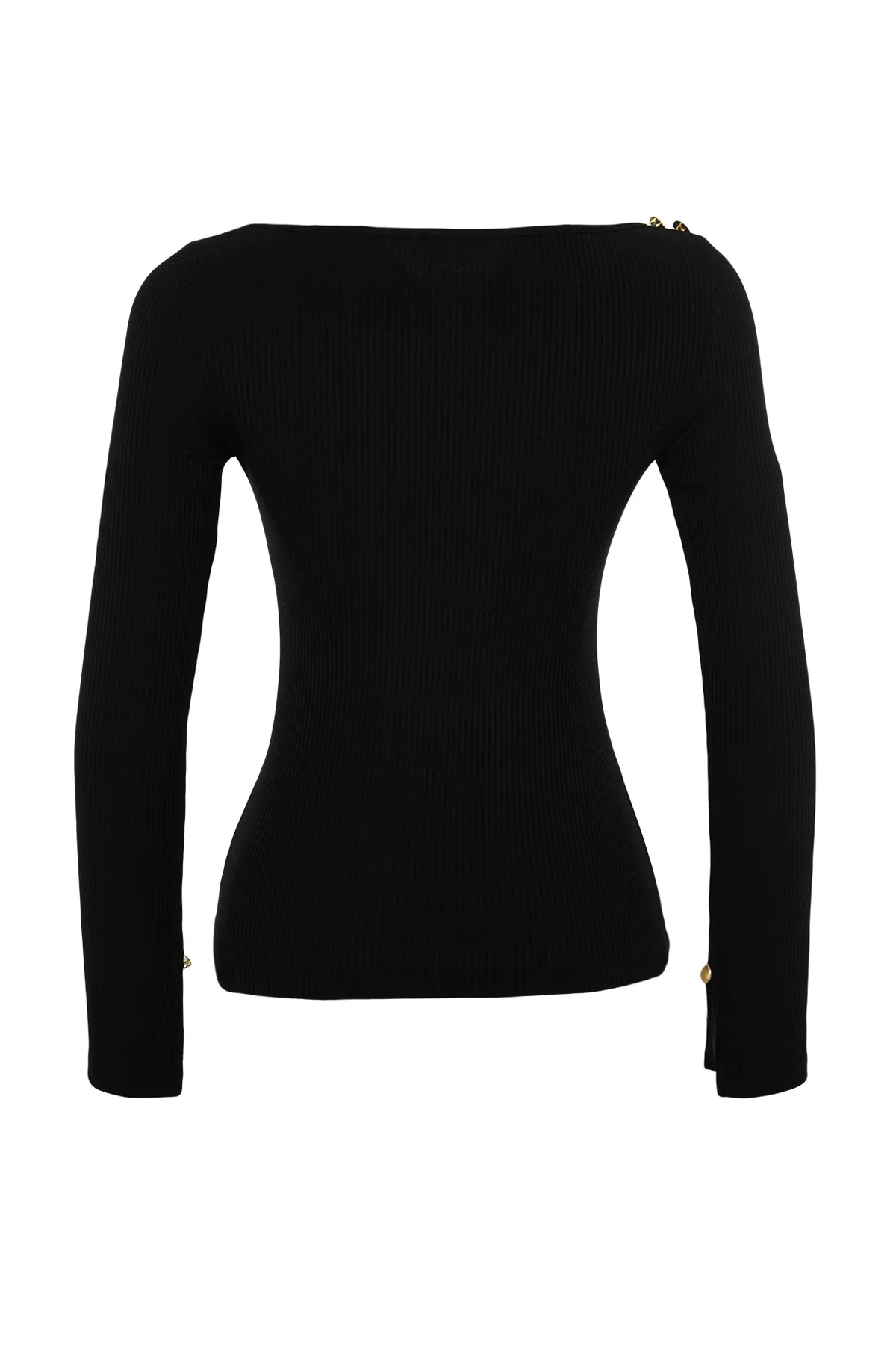 Trendyol Collection  Schwarze, gerippte, flexible, langärmlige Strickbluse mit Knopfdetail und U-Boot-Ausschnitt in normaler Passform TWOAW24BZ00052