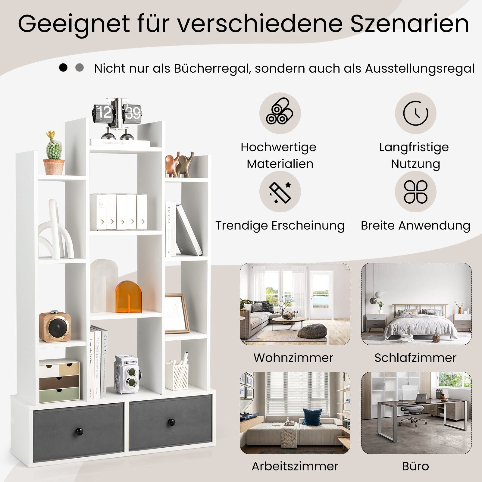 COSTWAY Bücherregal, Standregal mit 12 Fächern und 2 Schublade, 53x24x118cm