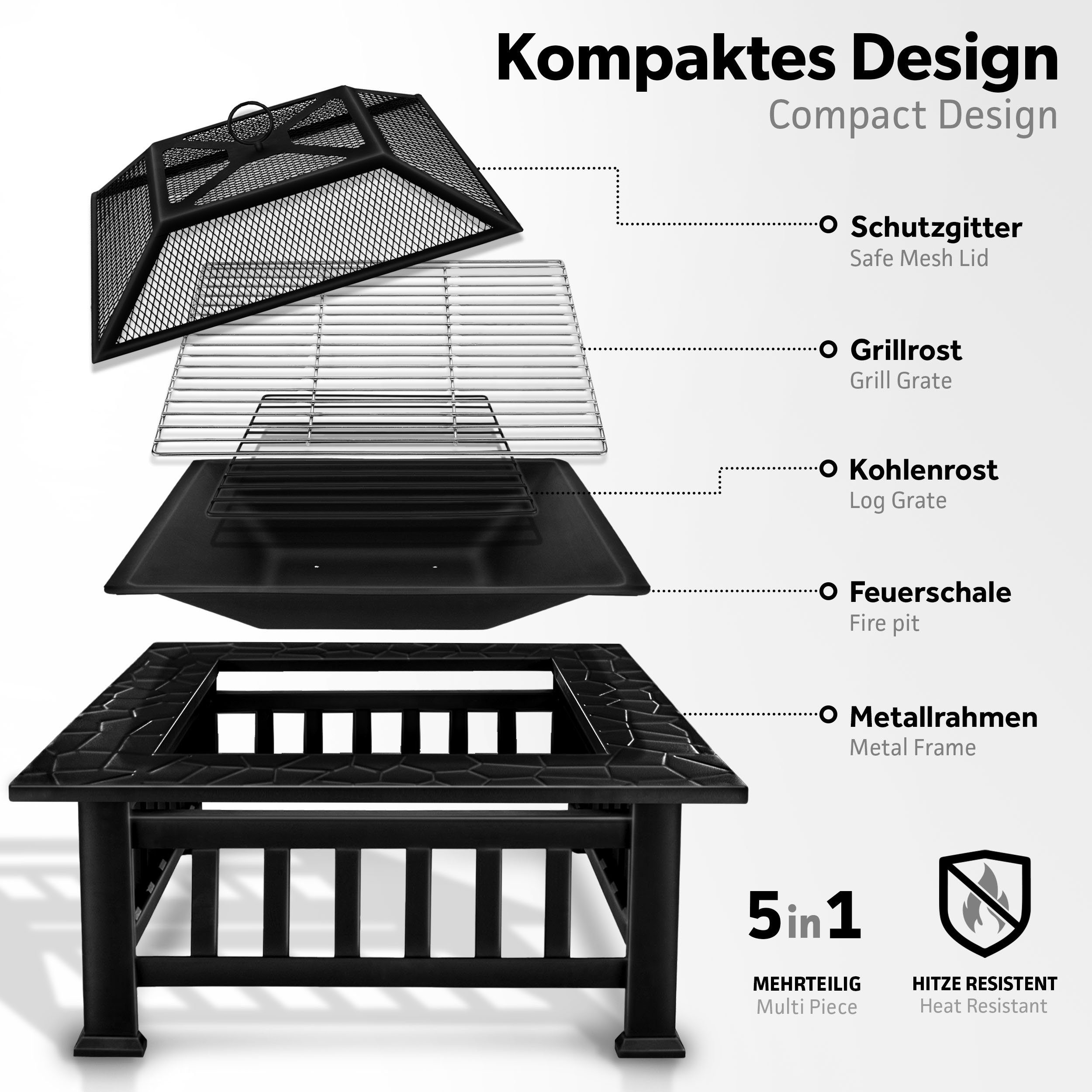 tillvex Feuerschale Feuerkorb 3 in 1 mit Funkenschutz Grill Feuerstelle mit Abdeckung, (Feuerstelle), mit Funkenschutz & Grillrost, Outdoor für den Garten, BBQ Grill