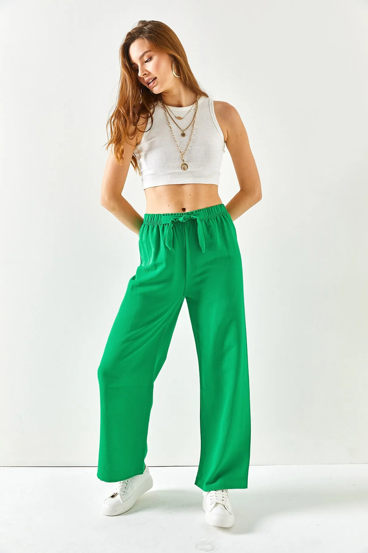 Olalook  Grasgrüne Palazzo-Leinenhose mit elastischem Bund und Schnürung für Damen PNT-19000219