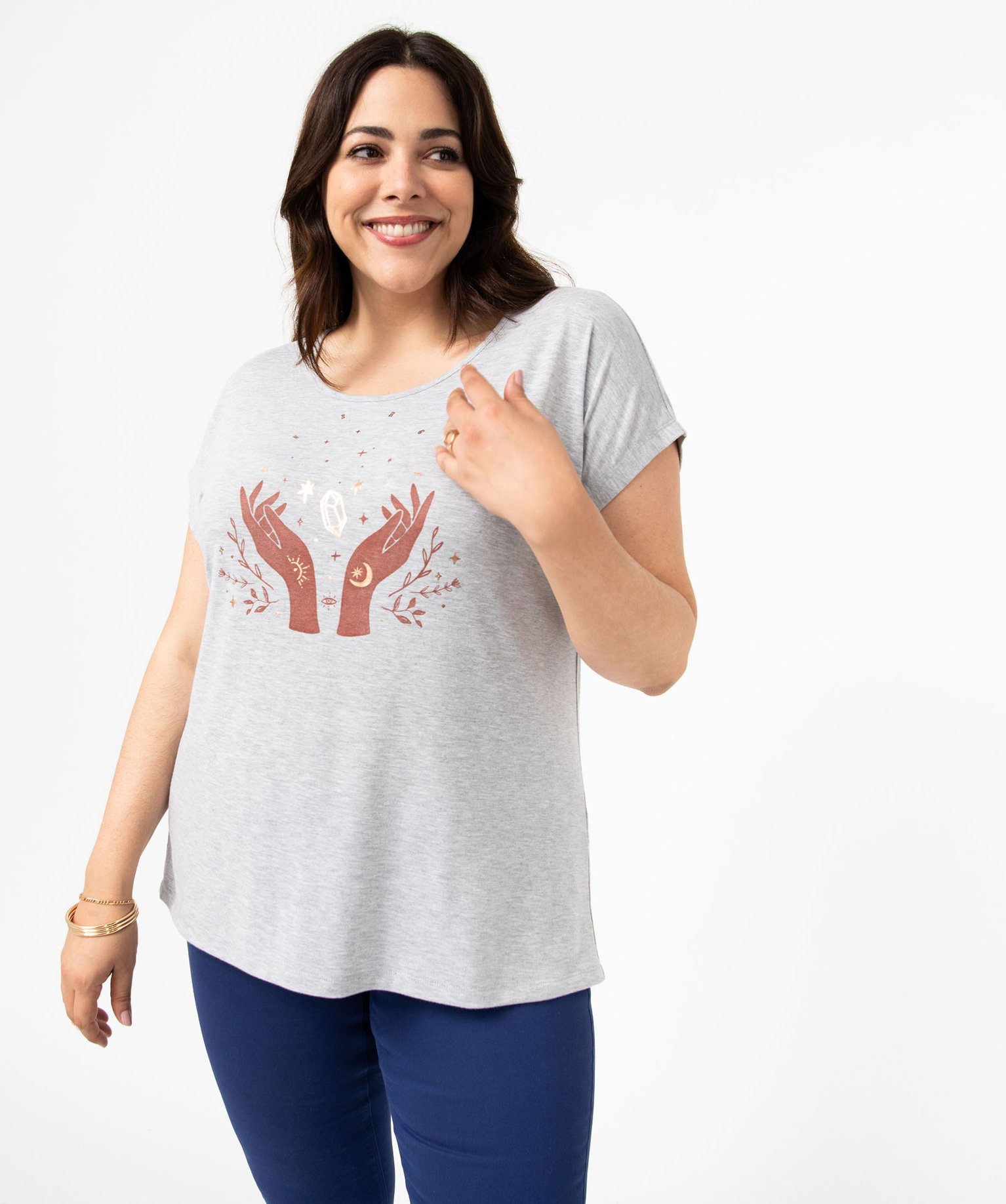 Tee-shirt femme grande taille à manches courtes avec motifs gris | GEMO