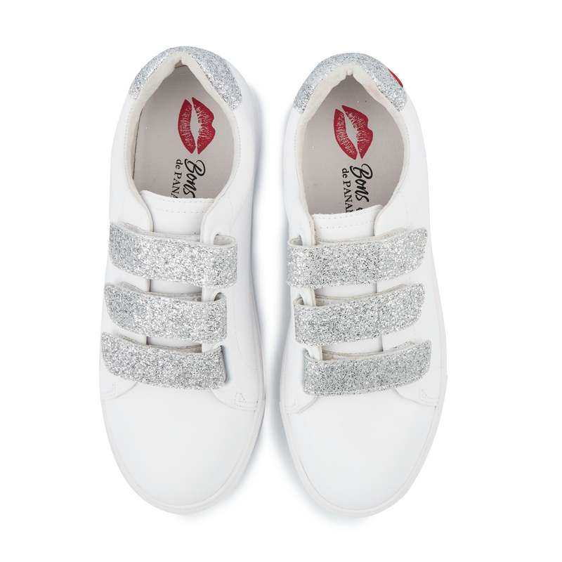 Baskets en cuir Edith blanc/glitter argent