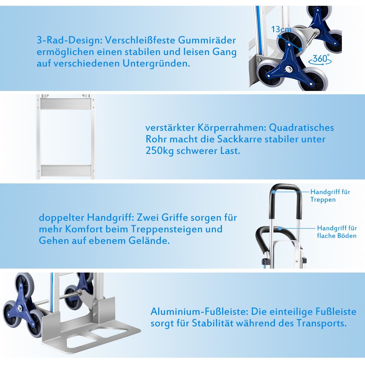 COSTWAY Treppensackkarre, mit 2 Griffen & 6 Rädern bis 250kg, Alu 152x51x46cm