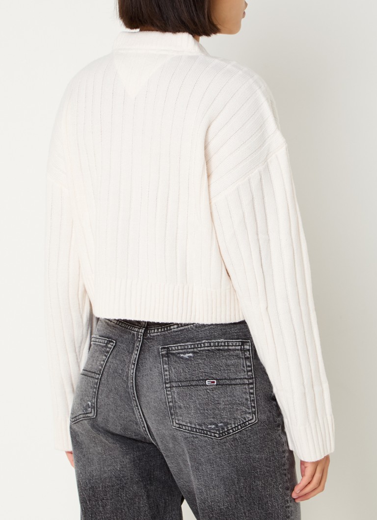 Pulover Tommy Hilfiger Crop din tricot fin cu logo țesut