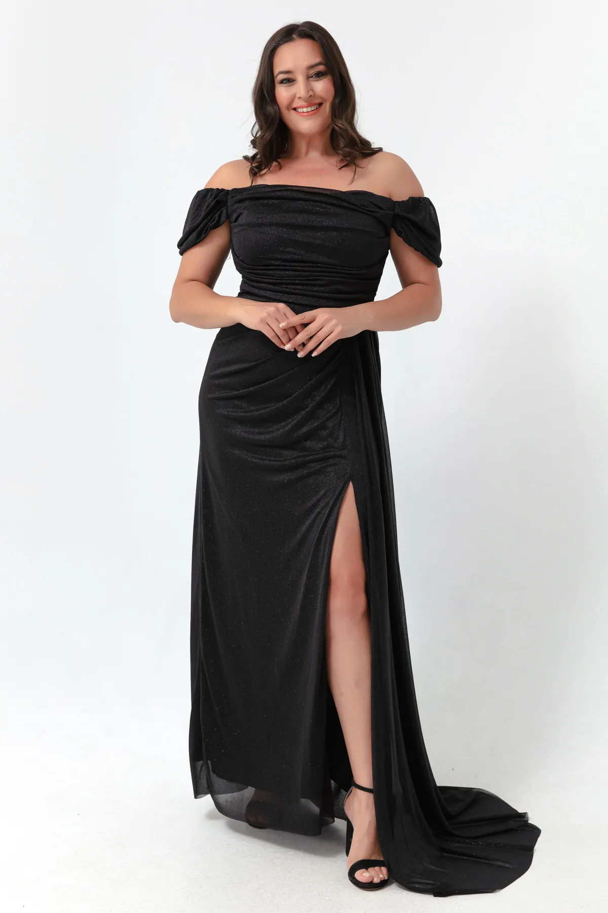 Lafaba  Damen-Abendkleid in Schwarz mit U-Boot-Ausschnitt, drapiertem Schlitz, langes Glitzer-Abendkleid