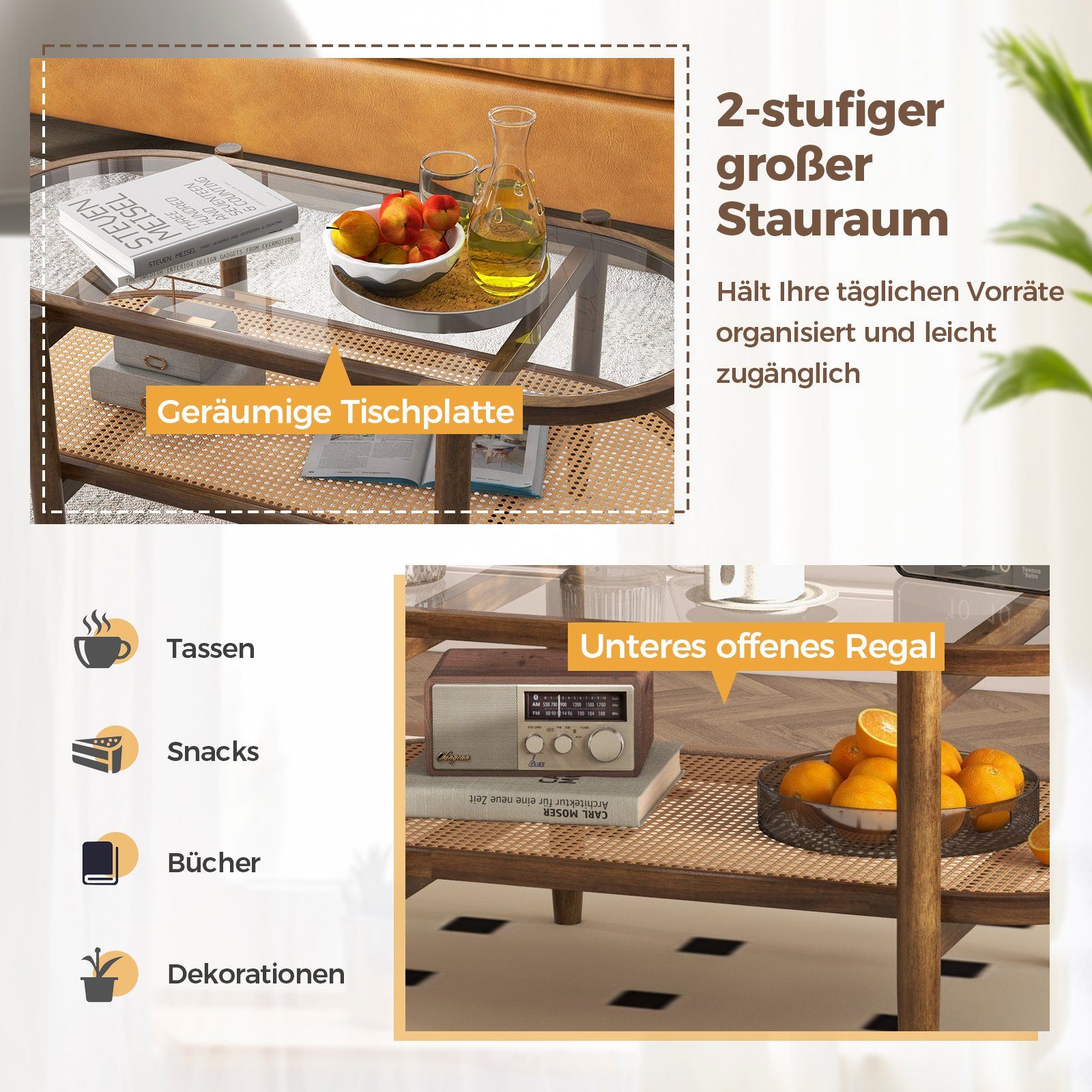 COSTWAY Couchtisch, mit Stauraum, aus Glas, Rattan & Massivholz, 102x56x47cm
